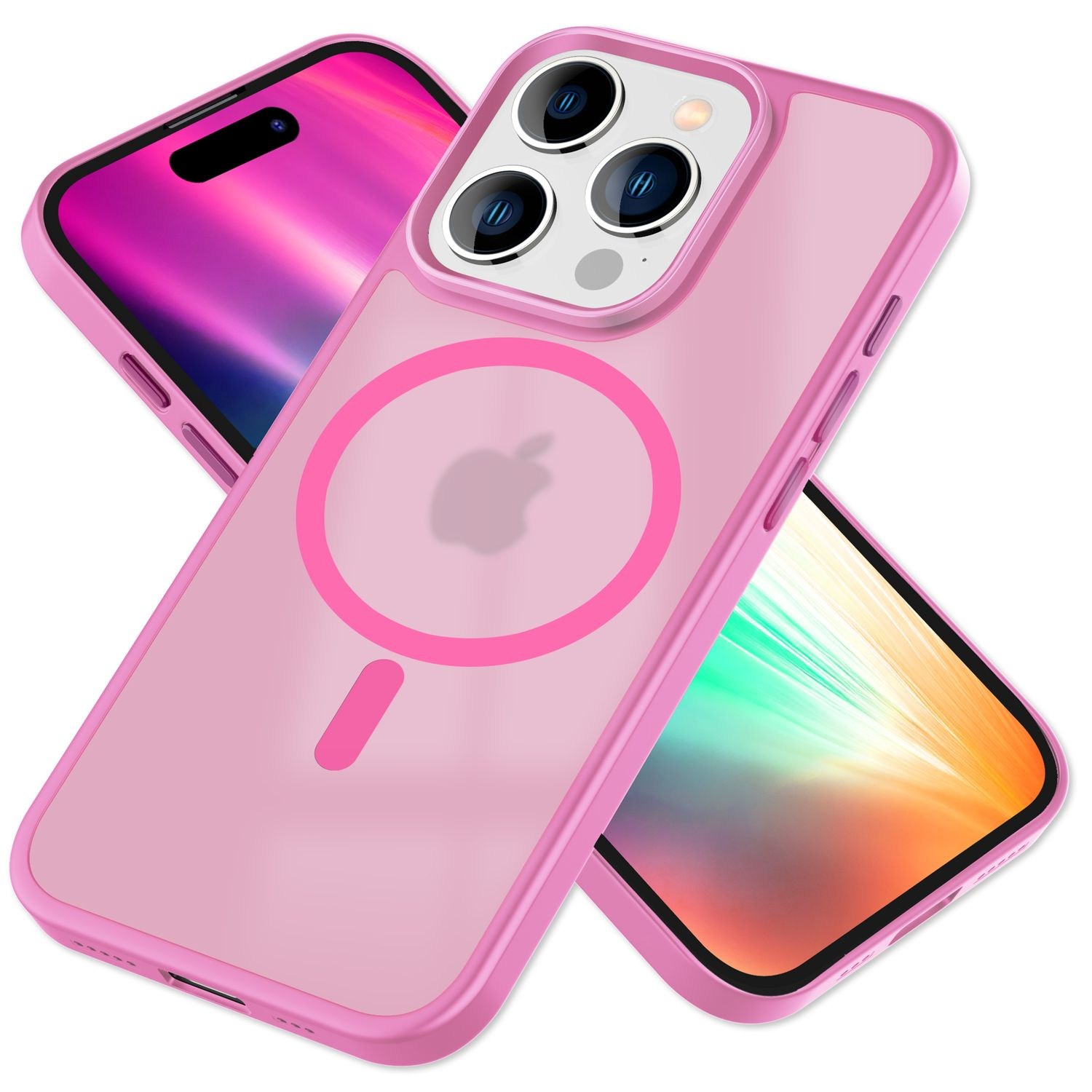 Pinke Handyhülle mit Apple-Logo und MagSafe-Ring auf weißem Grund.