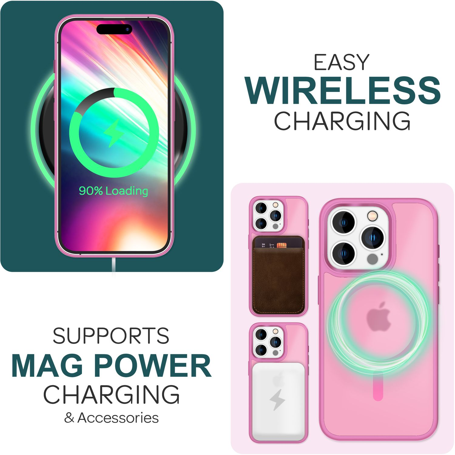 Pinke iPhone-Hülle mit MagSafe-Ladegerät, Brieftasche und Powerbank.