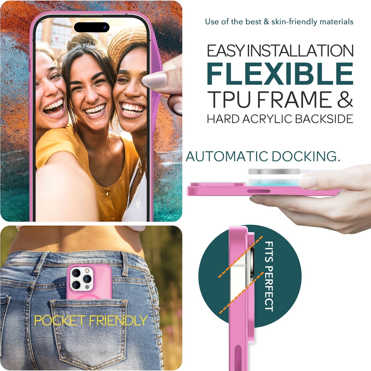 Pink Handyhülle mit drei lächelnden Frauen, einer Hosentasche und automatischer Docking-Funktion.