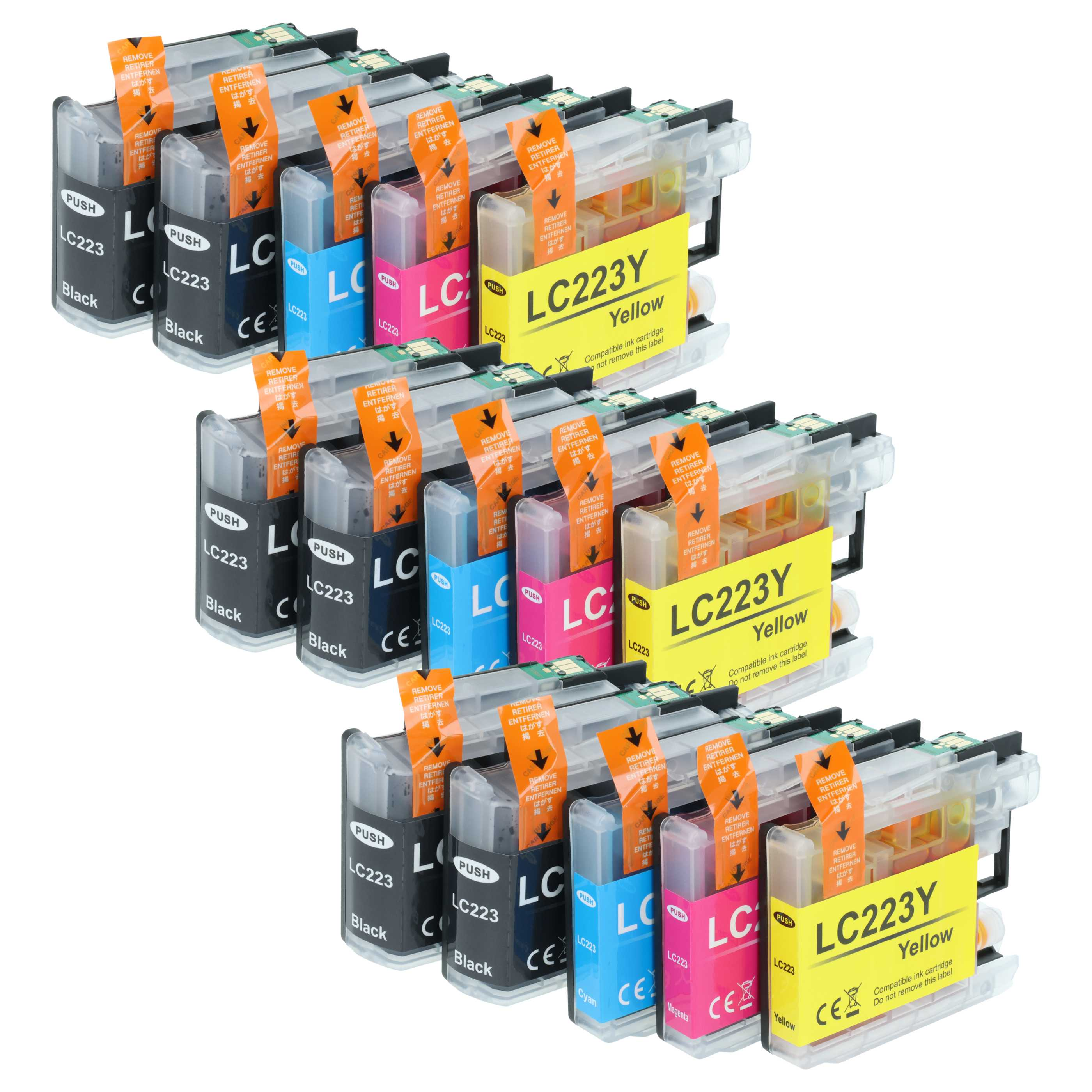 Mehrere Tintenpatronen in Schwarz, Cyan, Magenta und Gelb mit Beschriftungen.