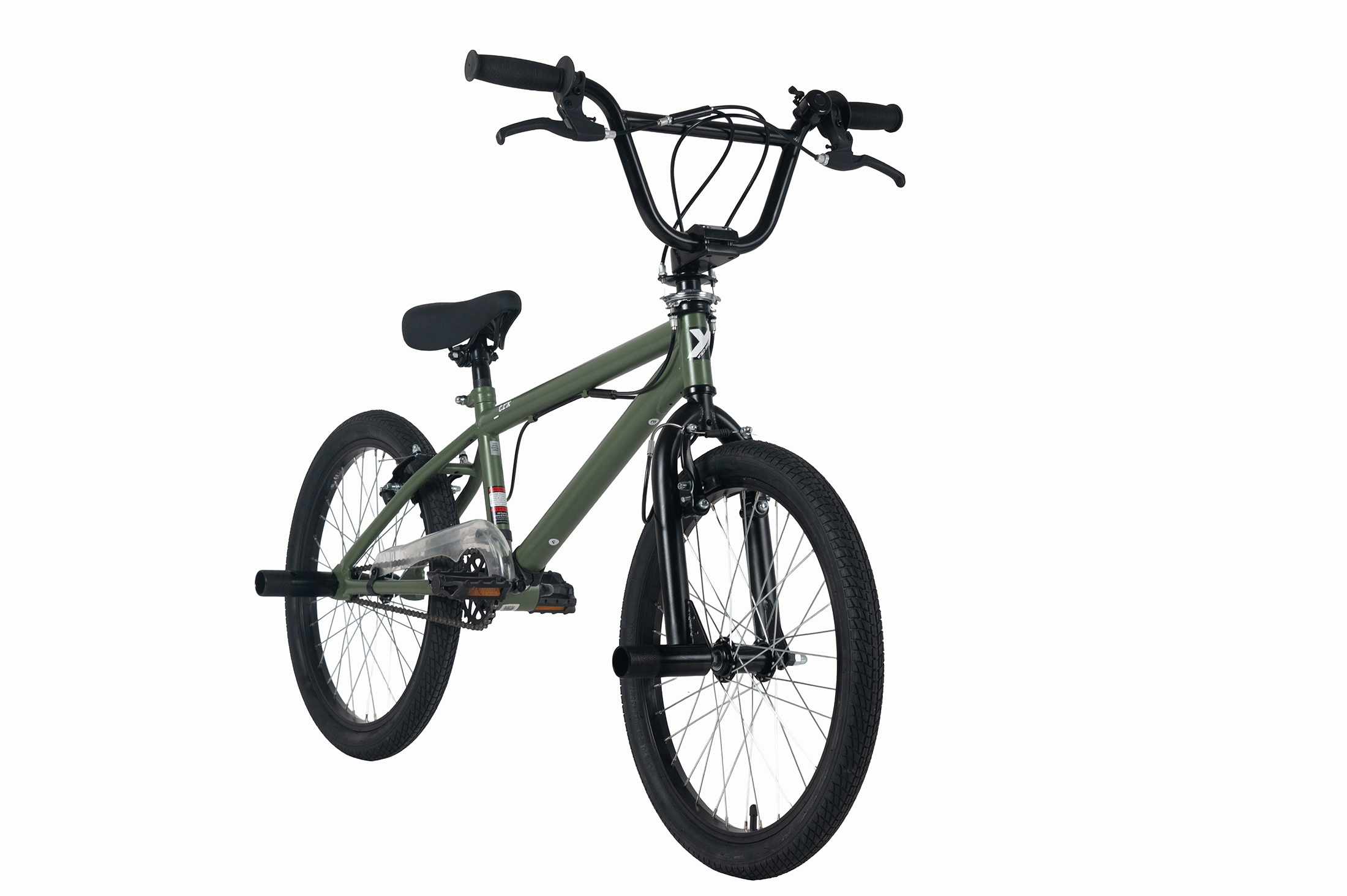 Ein olivgrünes BMX-Rad mit schwarzen Griffen, Sattel und Rädern.