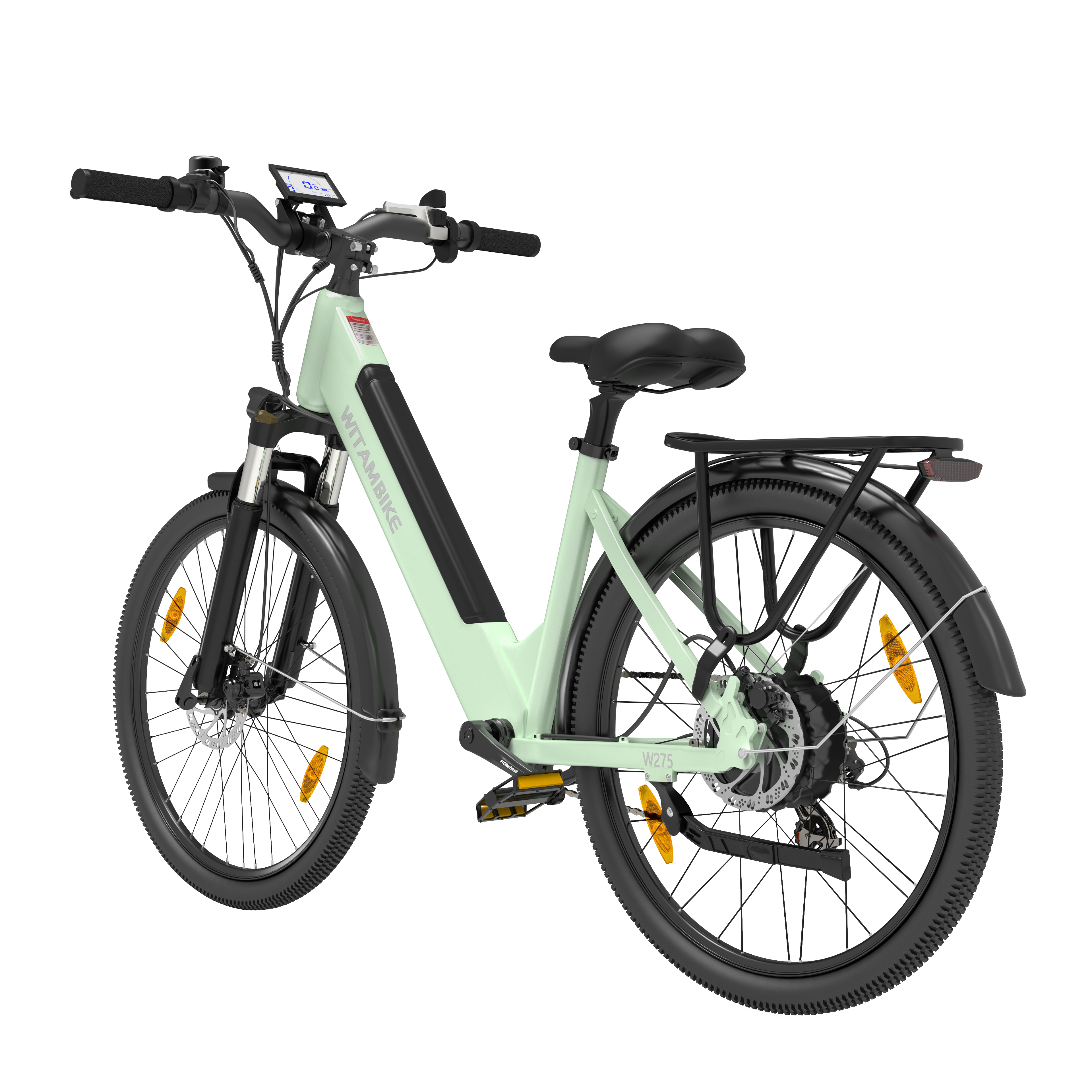 Jasnozielony e-bike z czarnym siodełkiem, bagażnikiem i wyświetlaczem.