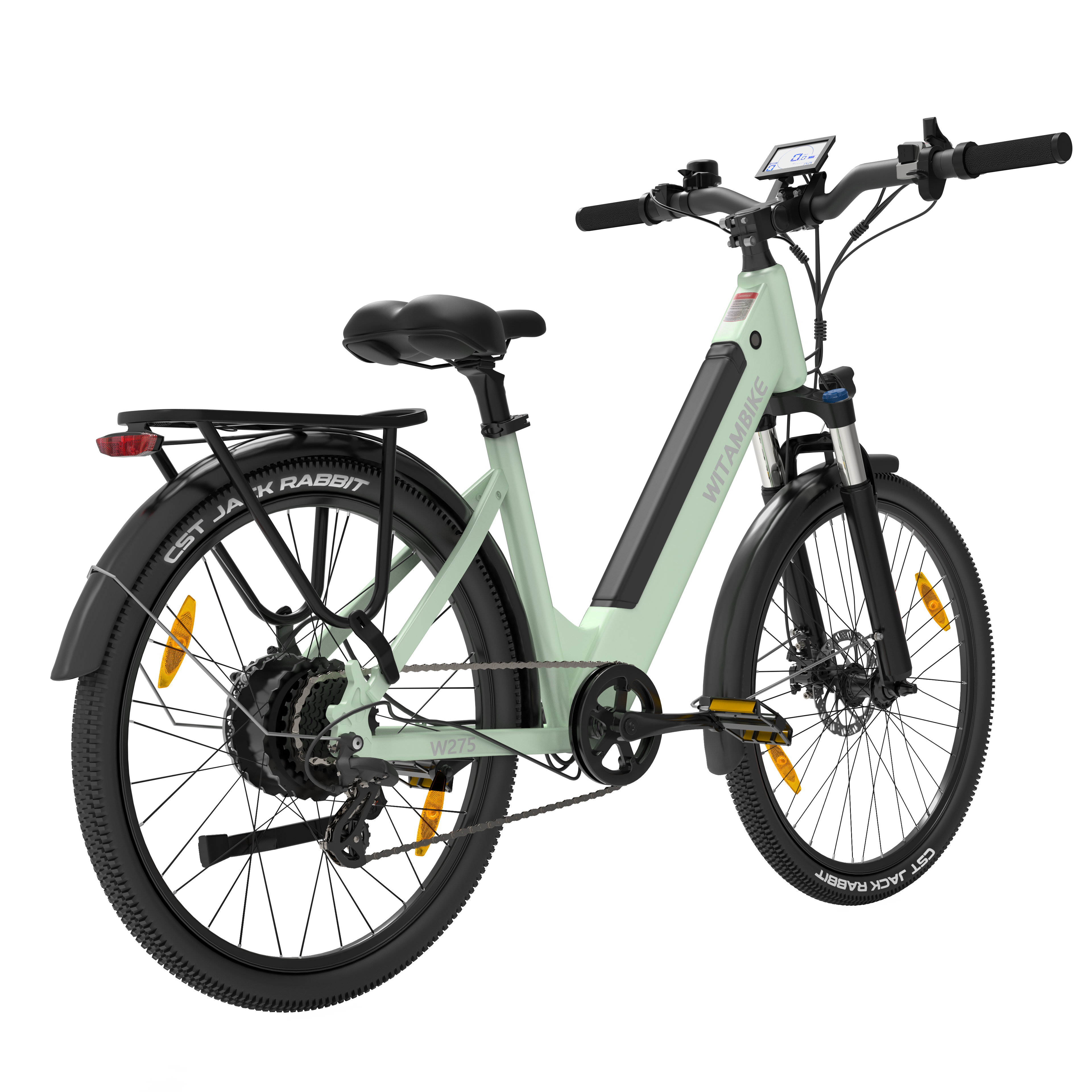 Jasnozielony rower elektryczny z czarnym bagażnikiem, oponami i siodełkiem.