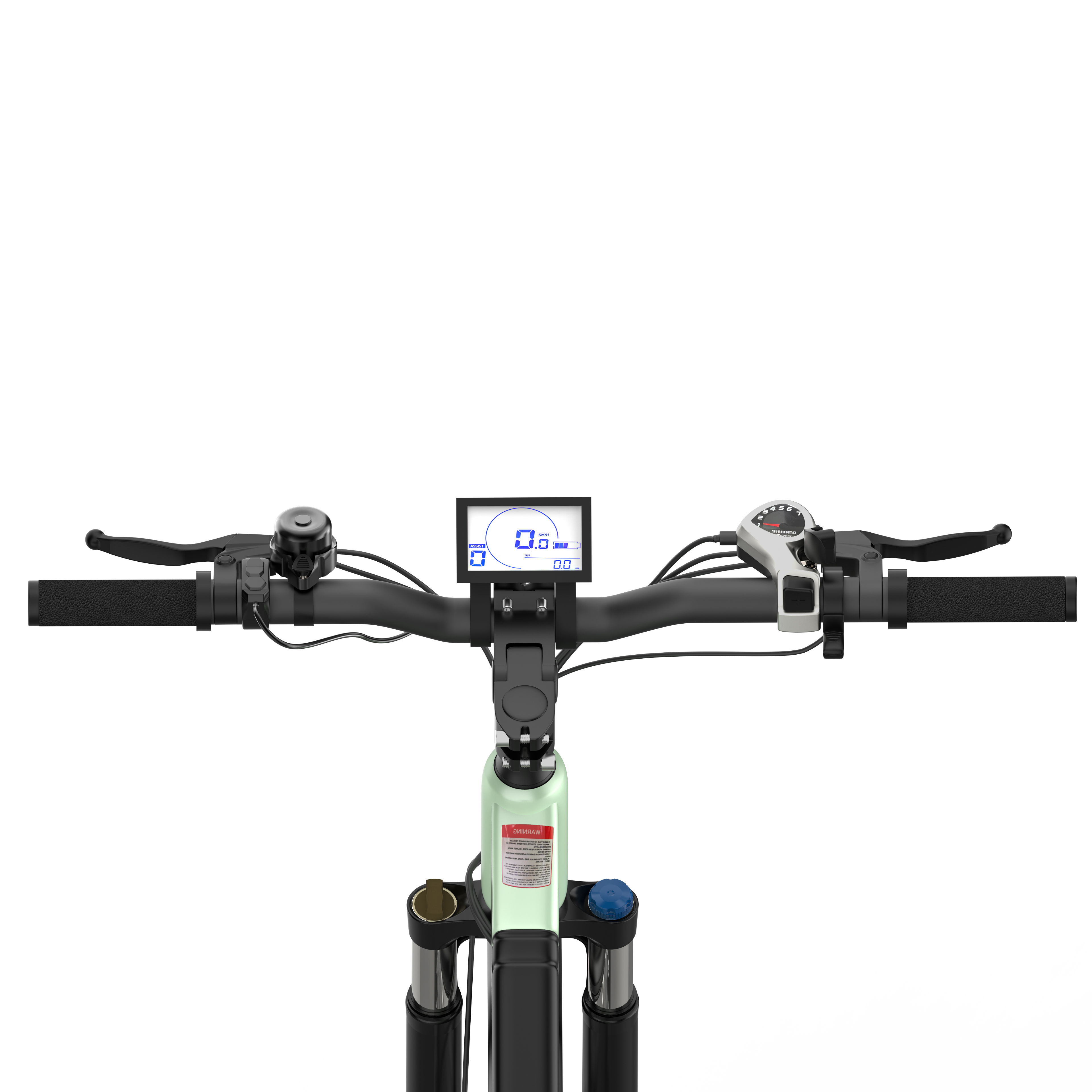 Kierownica roweru elektrycznego z wyświetlaczem, dzwonkiem, manetką biegów i hamulcami. Widoczna jasnozielona rama.