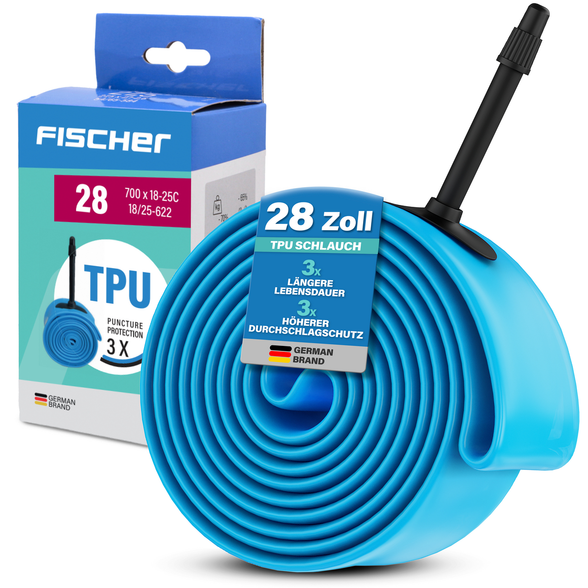 Ein blaues Fahrradschlauch-Produkt mit Verpackung. Beschriftet mit Fischer und 28 Zoll.