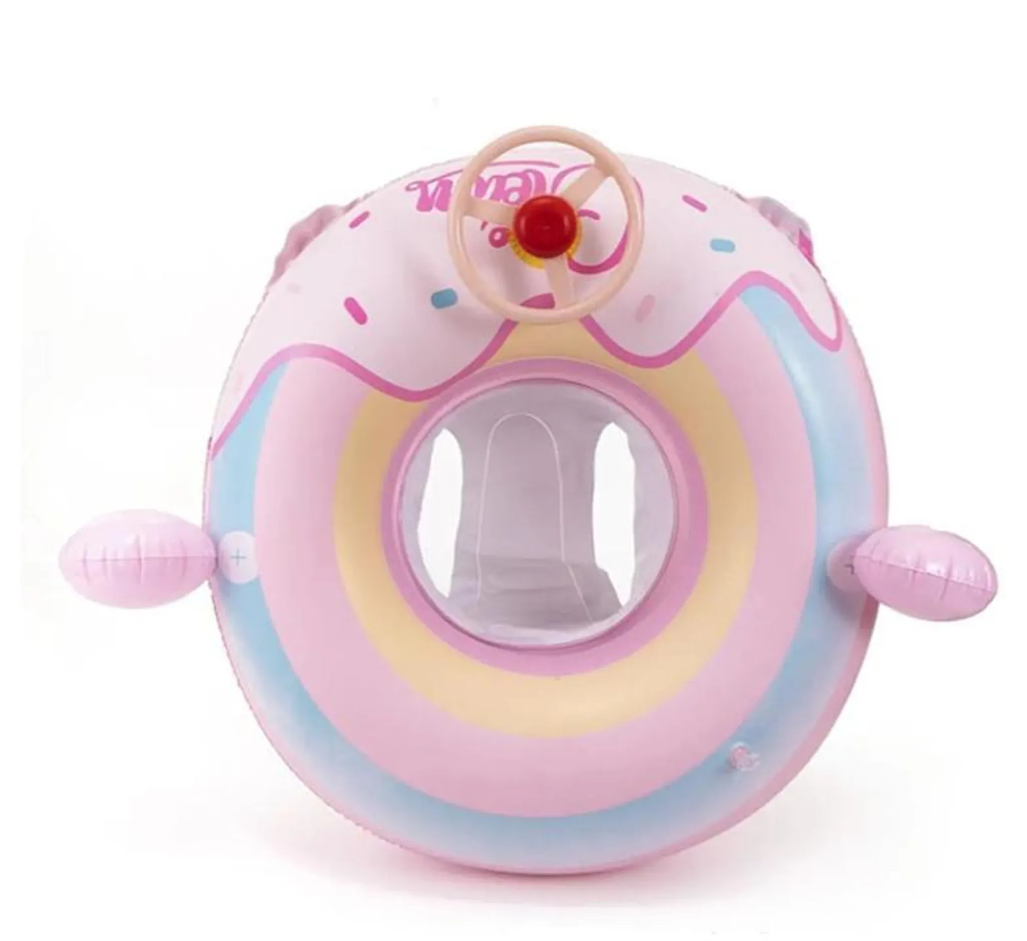 Ein rosafarbener Schwimmring in Donut-Form mit Lenkrad und transparentem Sitz.