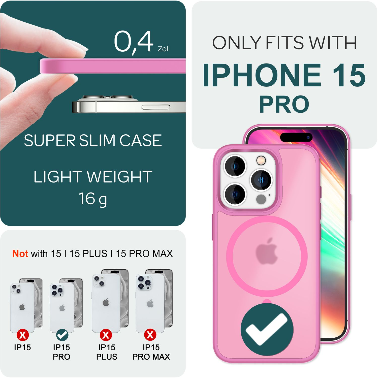 Ein superdünnes, leichtes rosa iPhone 15 Pro Hülle mit Apple-Logo.
