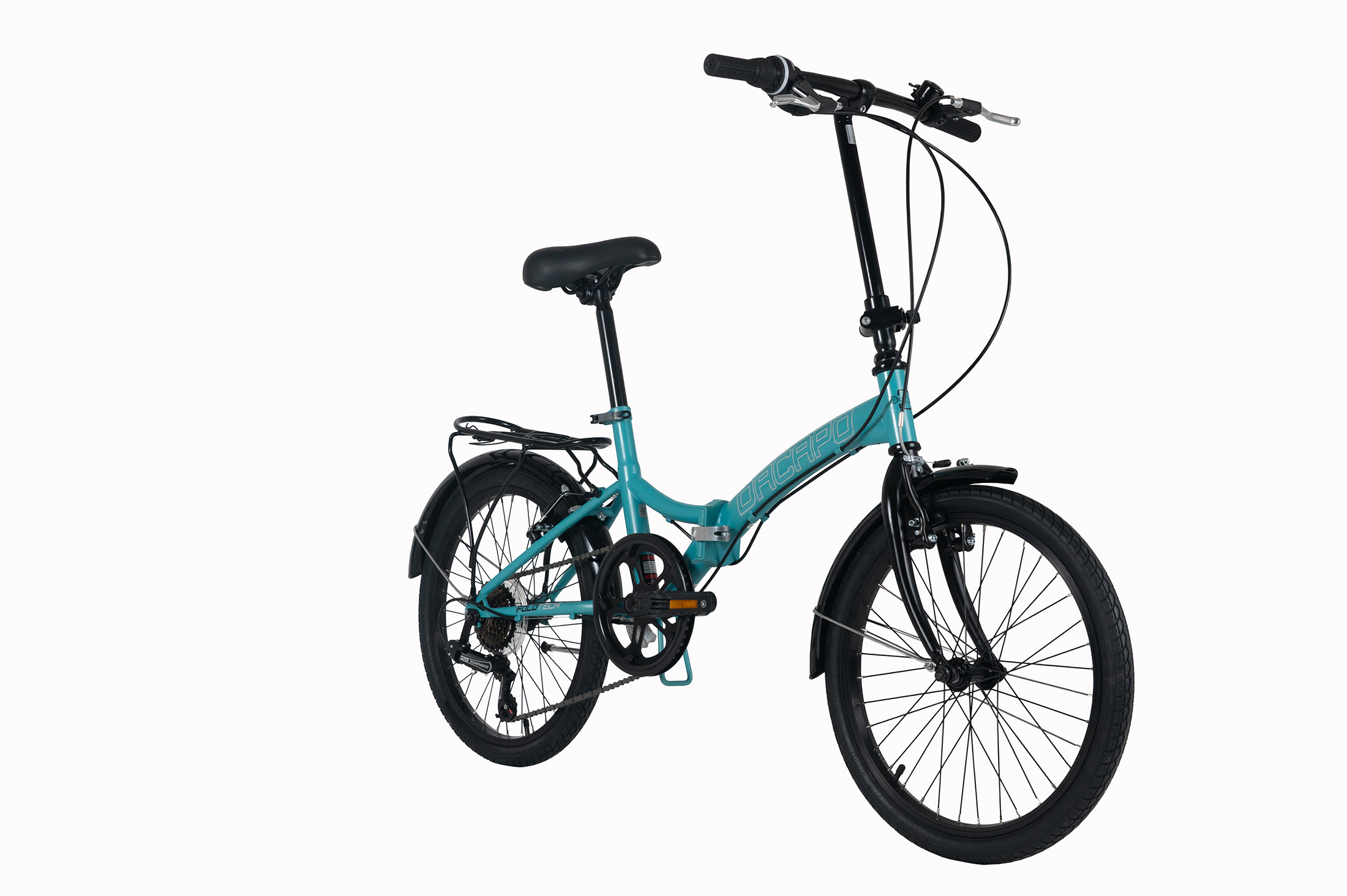 Ein türkisfarbenes Klappfahrrad mit schwarzen Details, auf weißem Hintergrund.