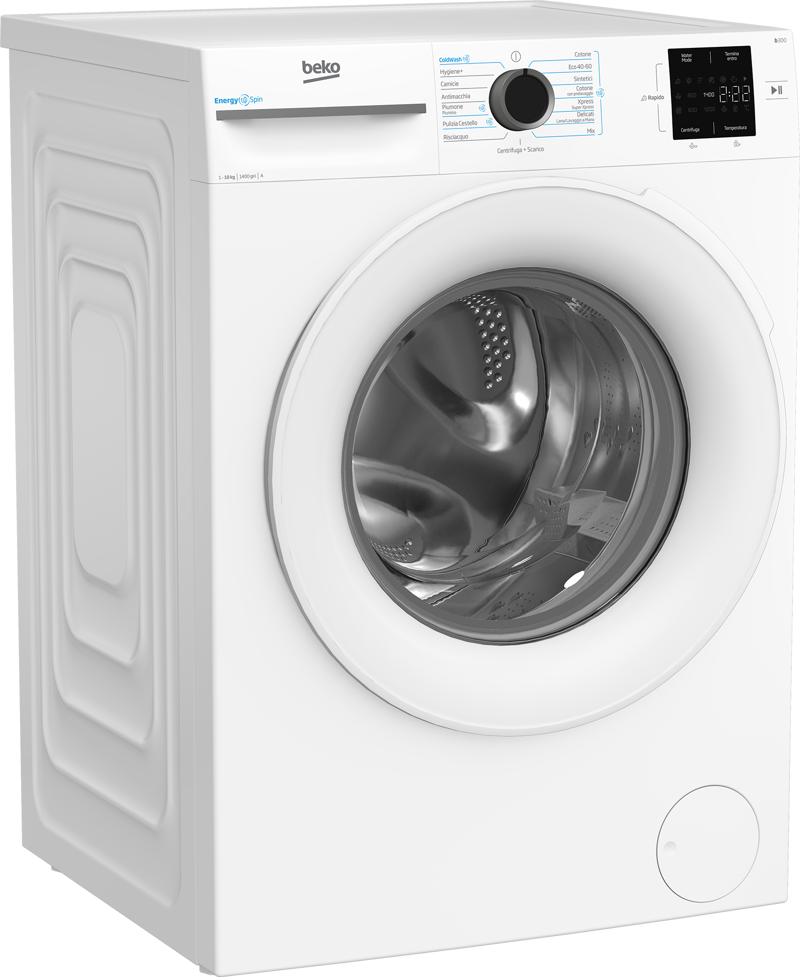 Una lavatrice Beko bianca con pannello di controllo e oblò tondo.