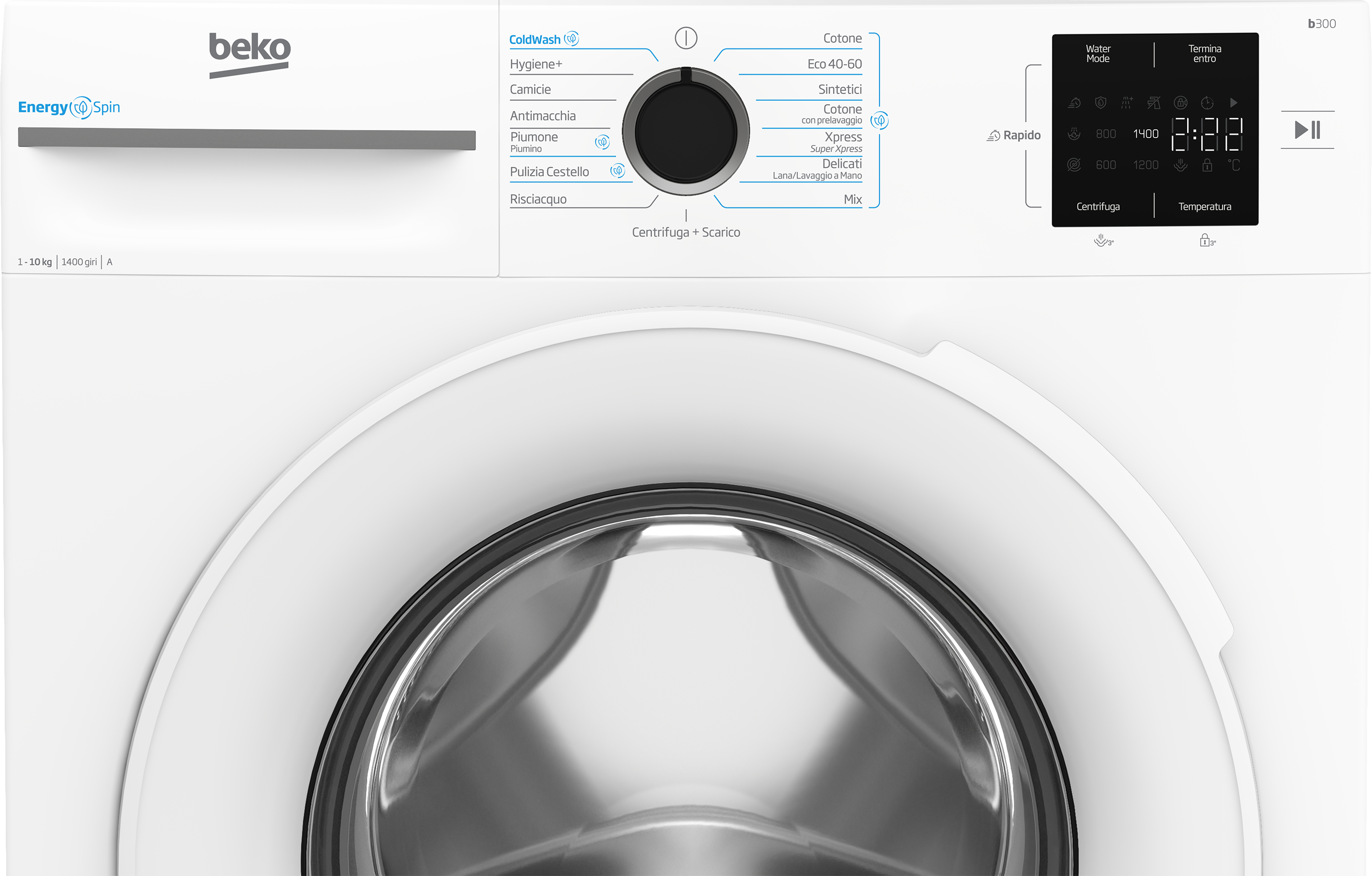 Una lavatrice Beko bianca con pannello di controllo e cestello.