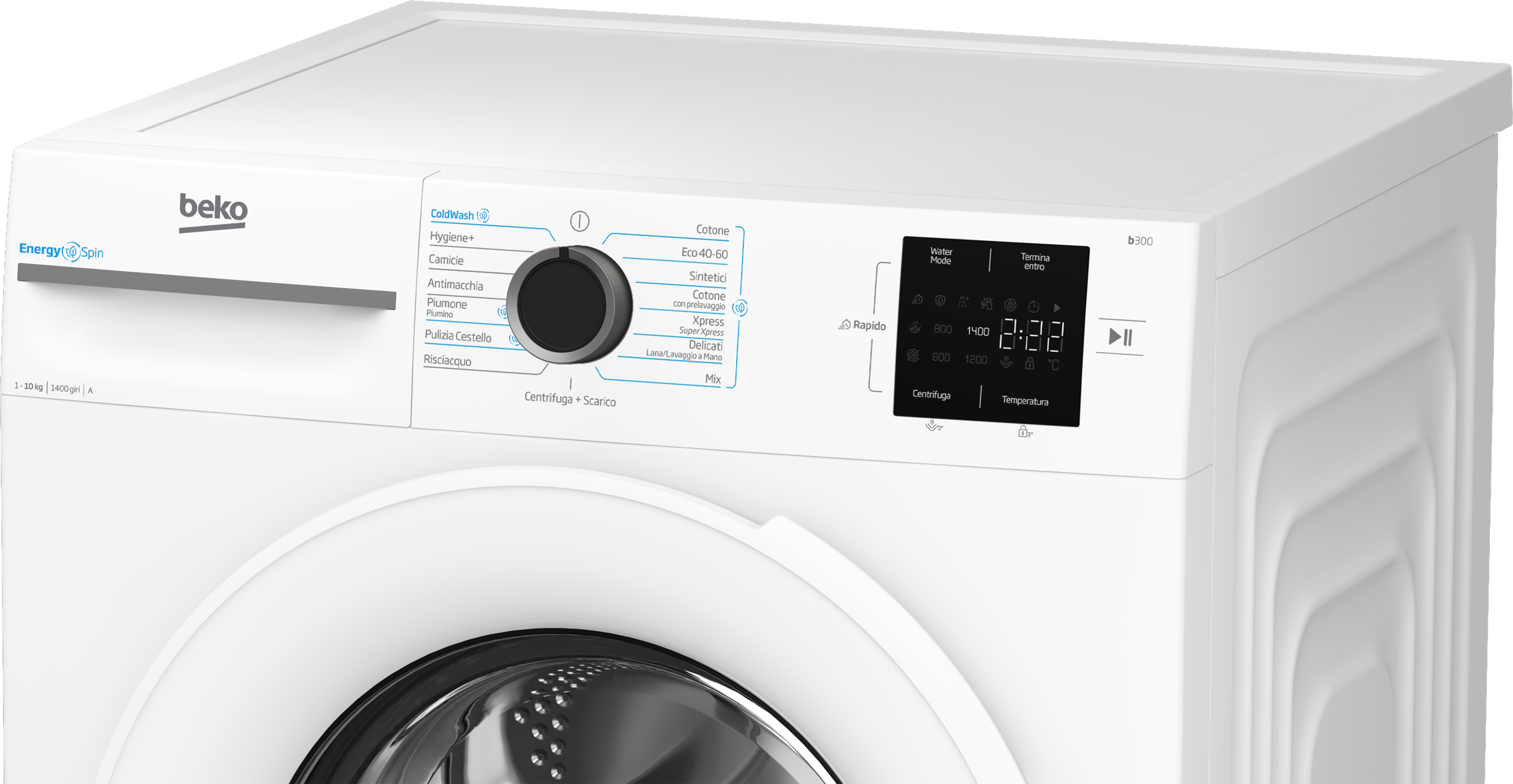 Una lavatrice Beko bianca con pannello di controllo e display digitale.