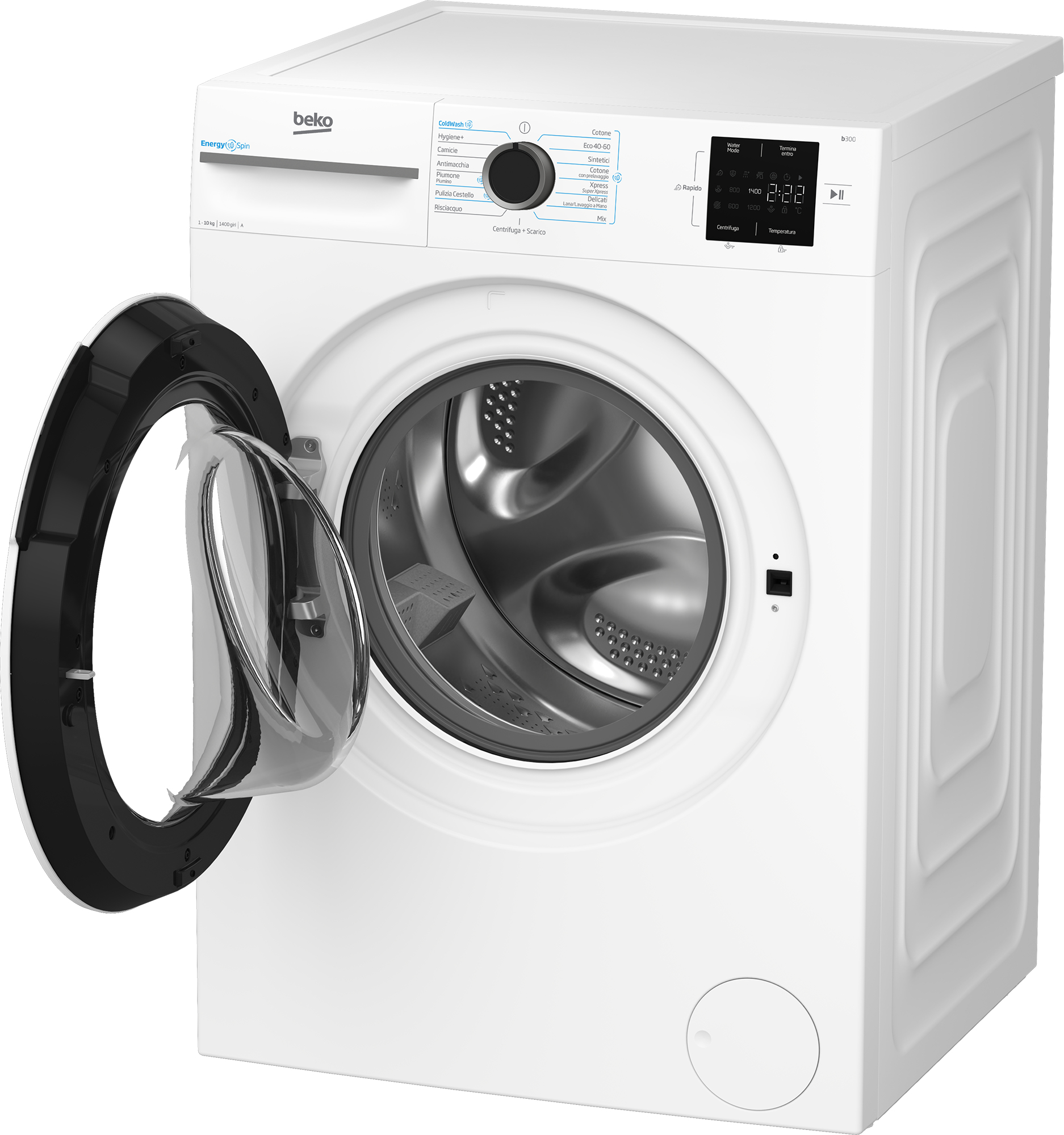 Una lavatrice Beko bianca con oblò aperto, mostra il cestello argentato.