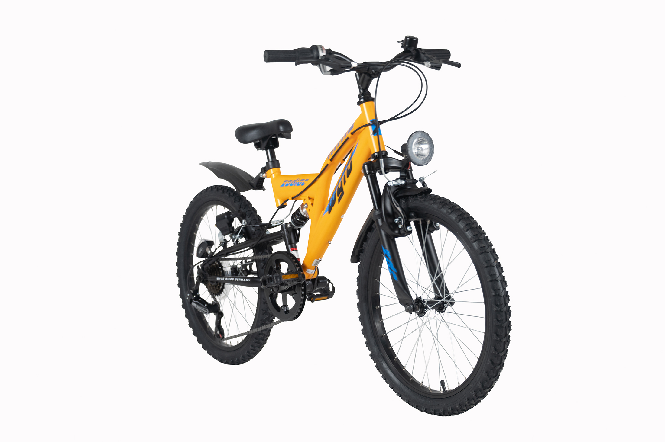 Ein gelbes Mountainbike mit schwarzen Reifen, Federung und einem Scheinwerfer.