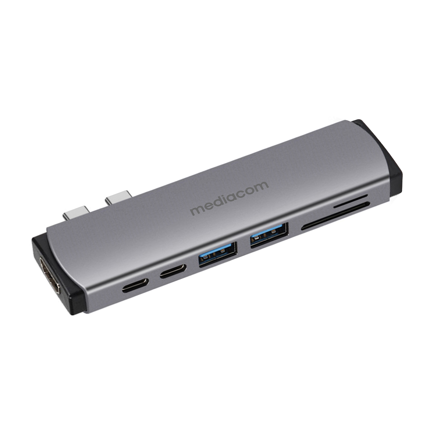 Hub USB-C grigio con porte: HDMI, USB-A, USB-C e lettore di schede.