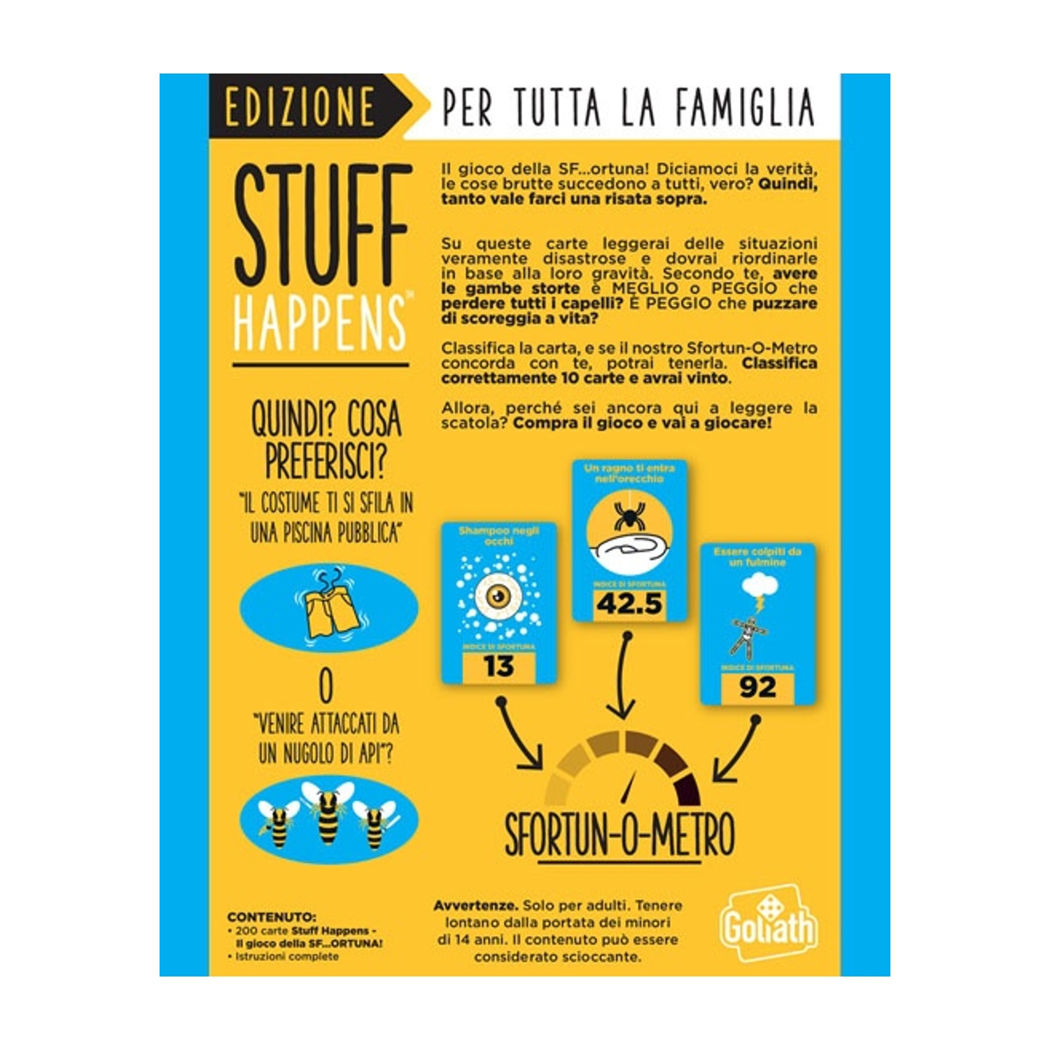 Scatola gioco "Stuff Happens" per famiglie. Carte per classificare situazioni disastrose.