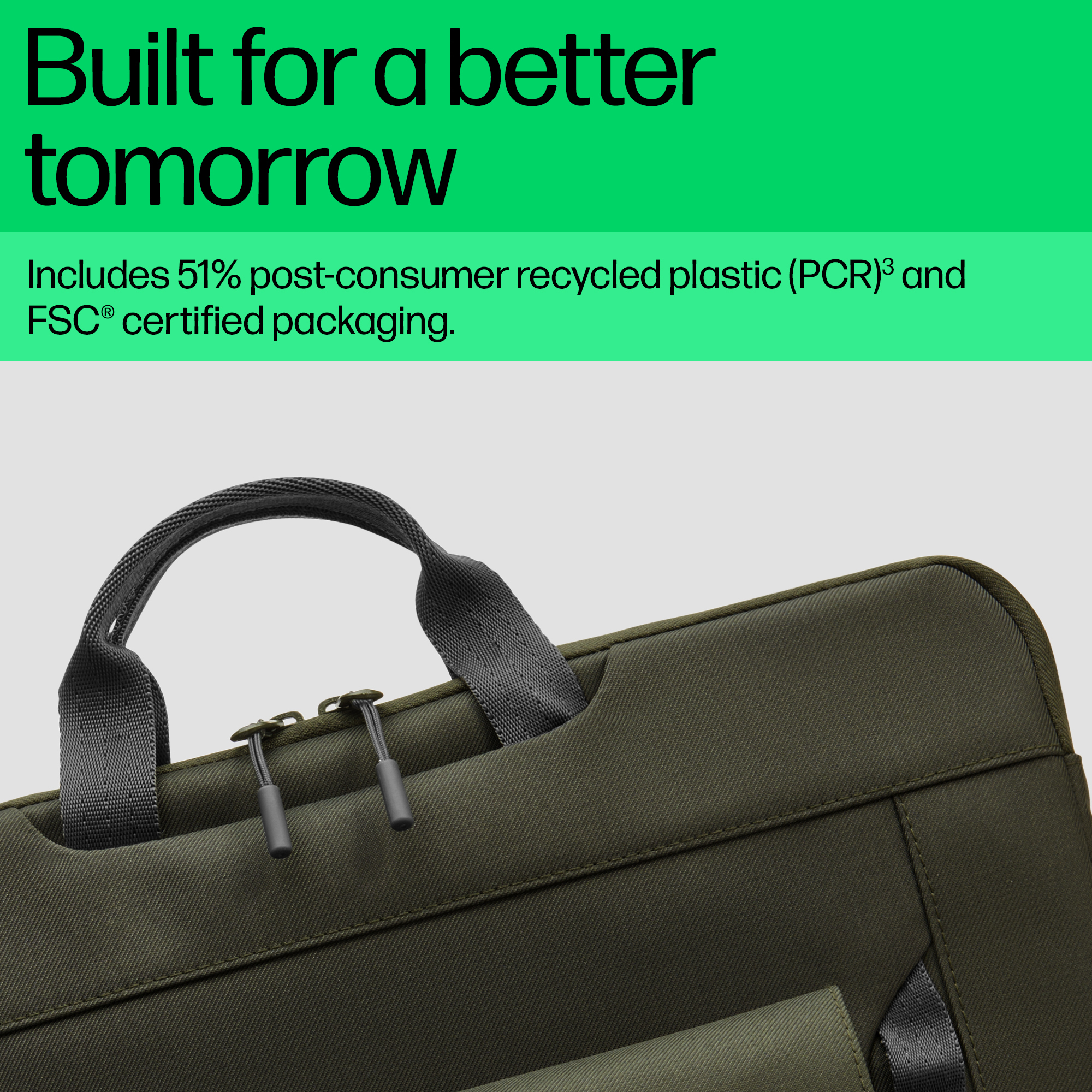 Grüne Laptoptasche mit Tragegriffen und Reißverschlüssen. Text oben.