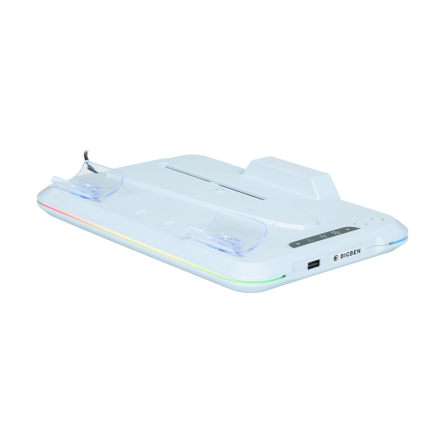 Un accessorio di ricarica bianco con illuminazione RGB e porta USB.