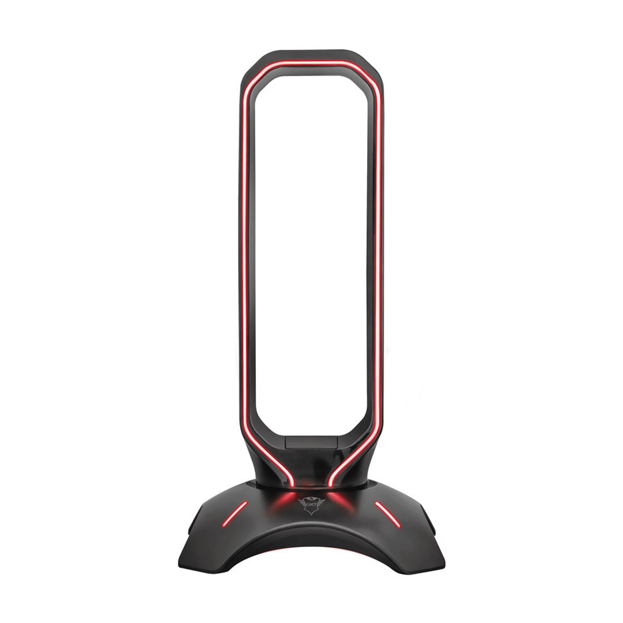 Un supporto per cuffie nero con illuminazione a LED rossa su una base curva.