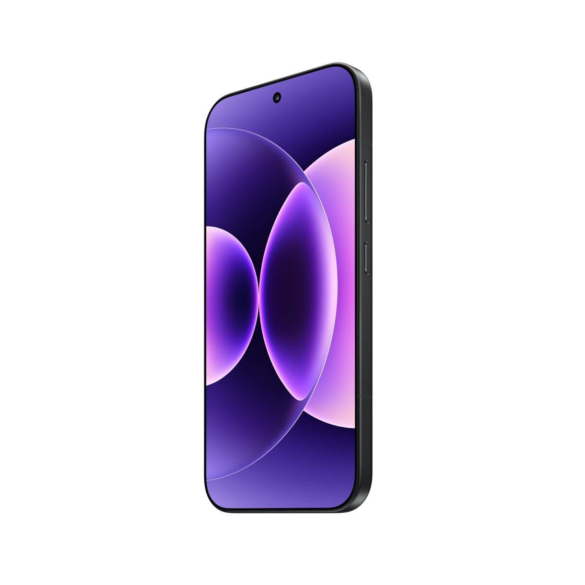 Czarny smartfon z fioletową tapetą i wycięciami.