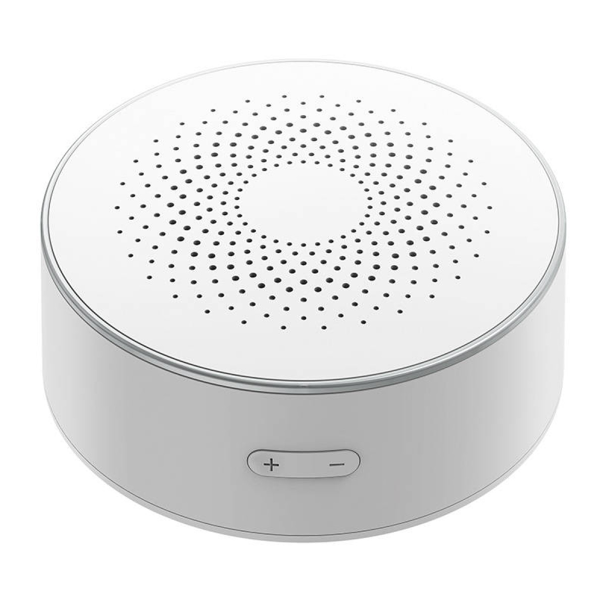 Un altoparlante portatile bianco con bordo argentato e motivo a pois.