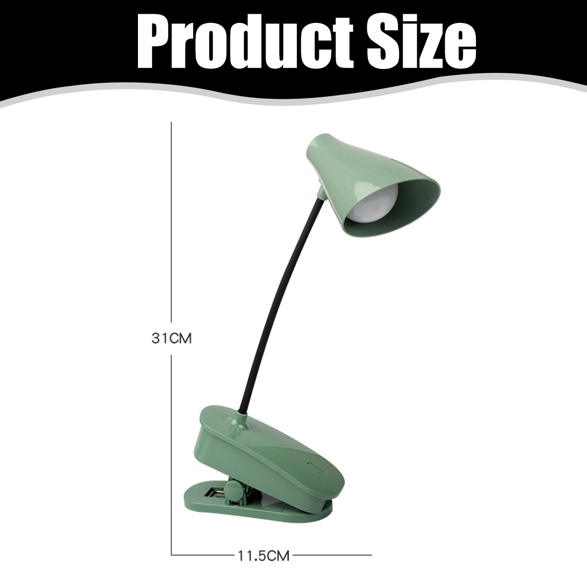 Eine grüne Klemm-Schreibtischlampe mit flexiblem Arm ist abgebildet. Maße: 31cm Höhe, 11,5cm Fuß.
