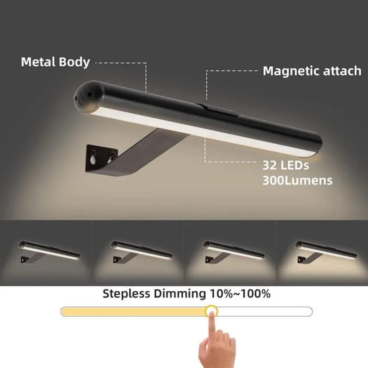 Ein schwarzer LED-Balken mit Magnethalterung und verstellbarer Helligkeit.