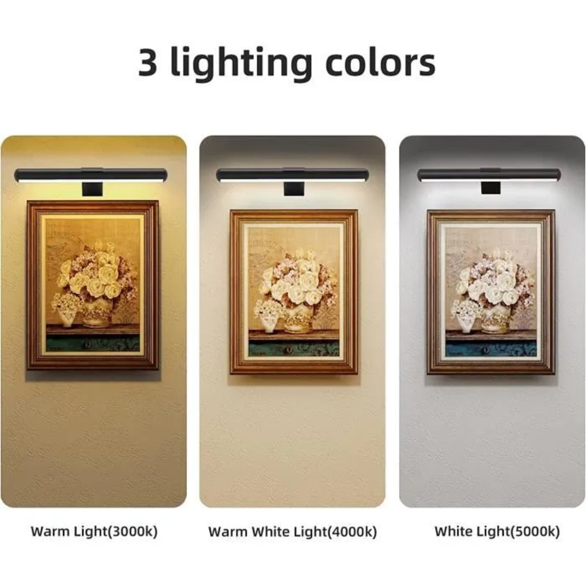 Drei Bilder zeigen ein Gemälde mit unterschiedlichen Lichtfarben: warm, warmweiß und weiß.