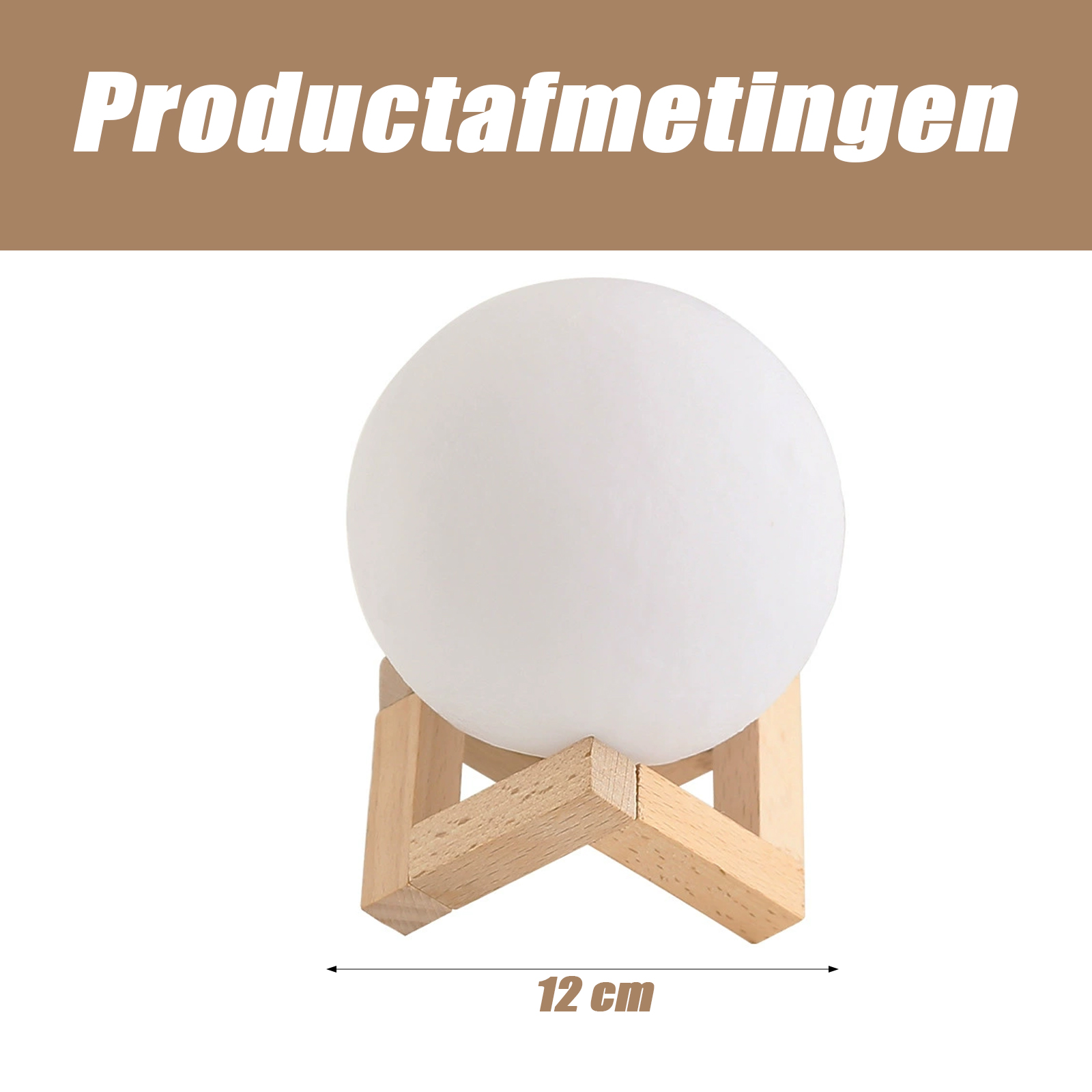 Eine weiße Mondlampe auf einem Holzständer mit der Angabe 12 cm.