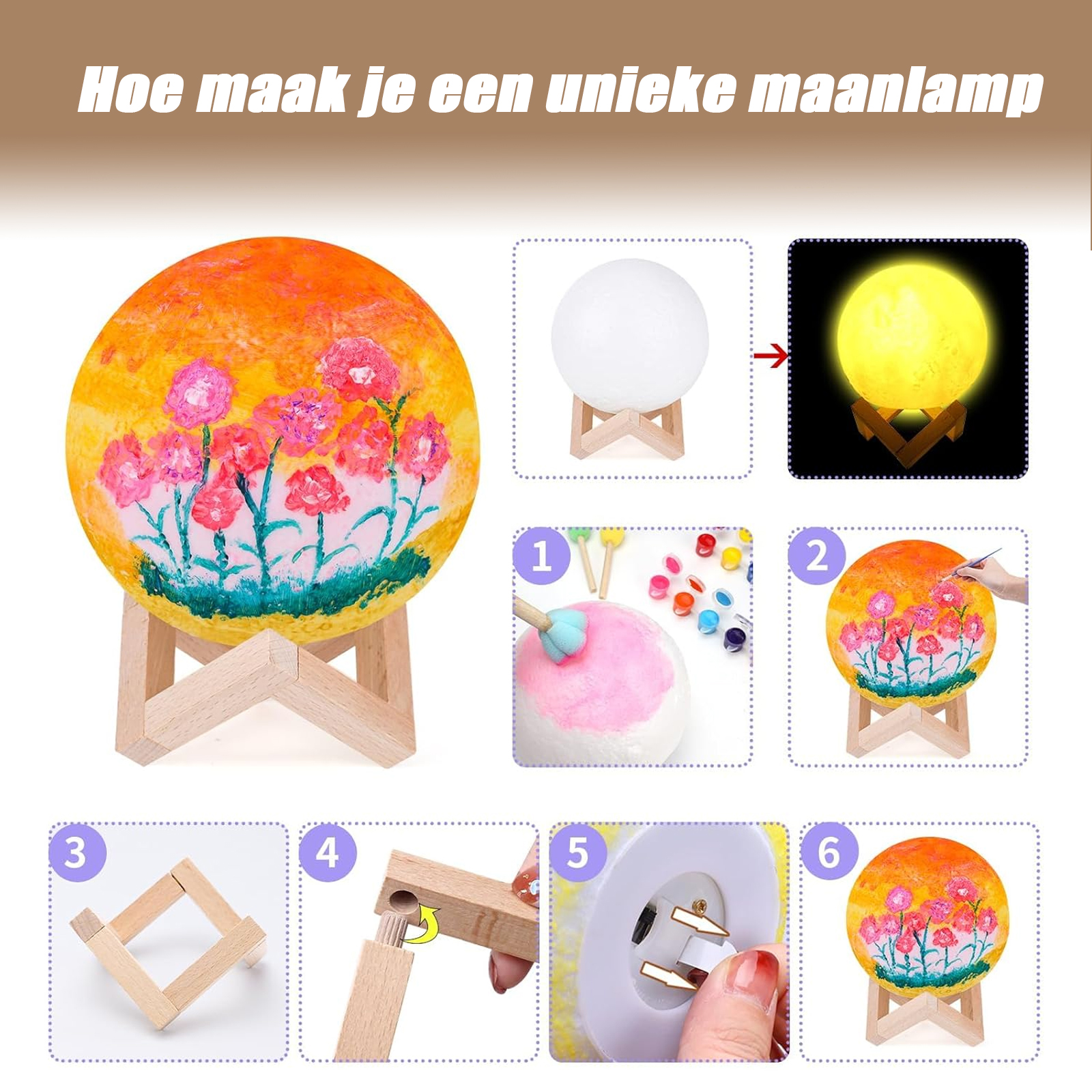 Schritt-für-Schritt-Anleitung zum Bemalen einer Mondlampe mit Blumen.