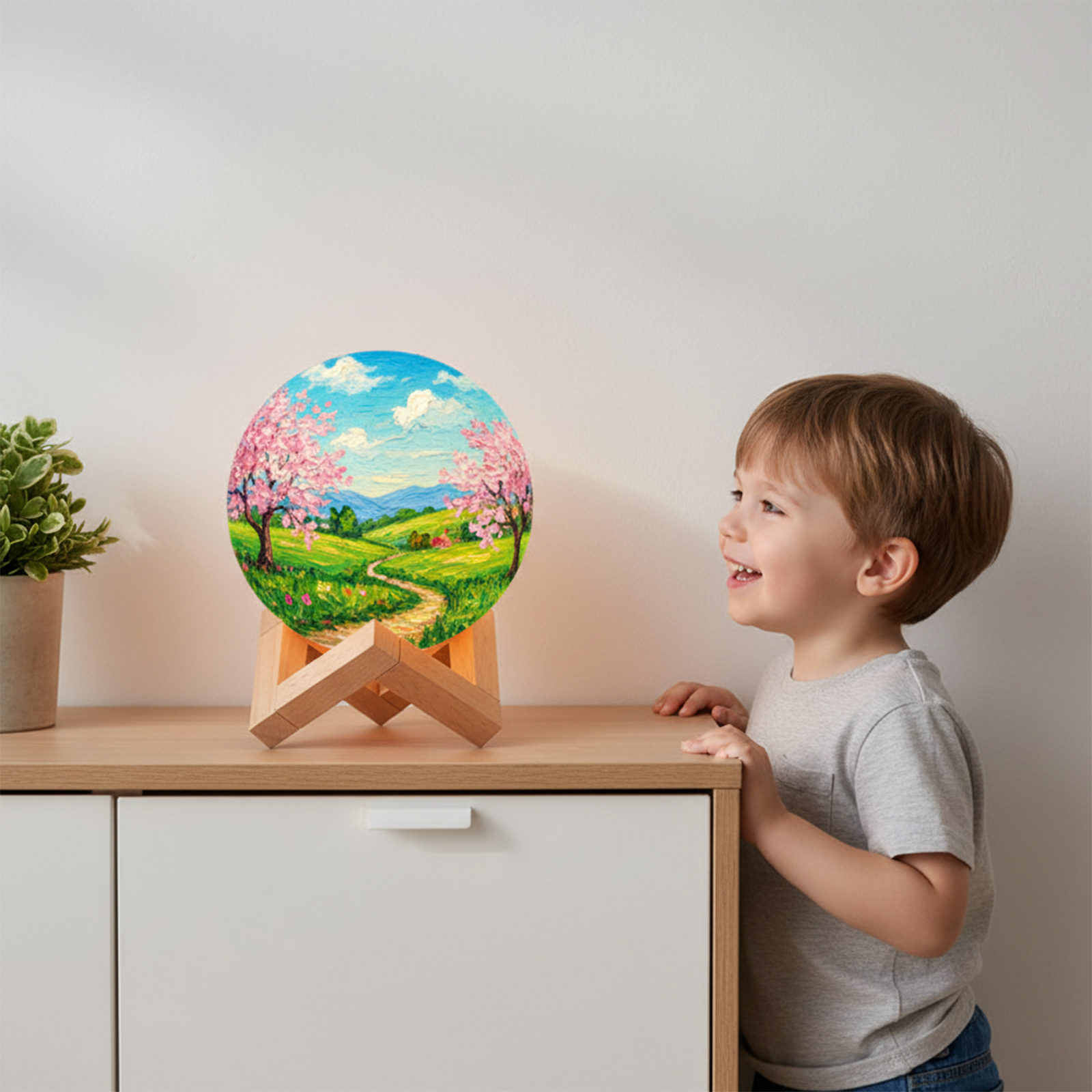 Ein Junge schaut auf eine runde Lampe mit Frühlingslandschaftsmalerei.