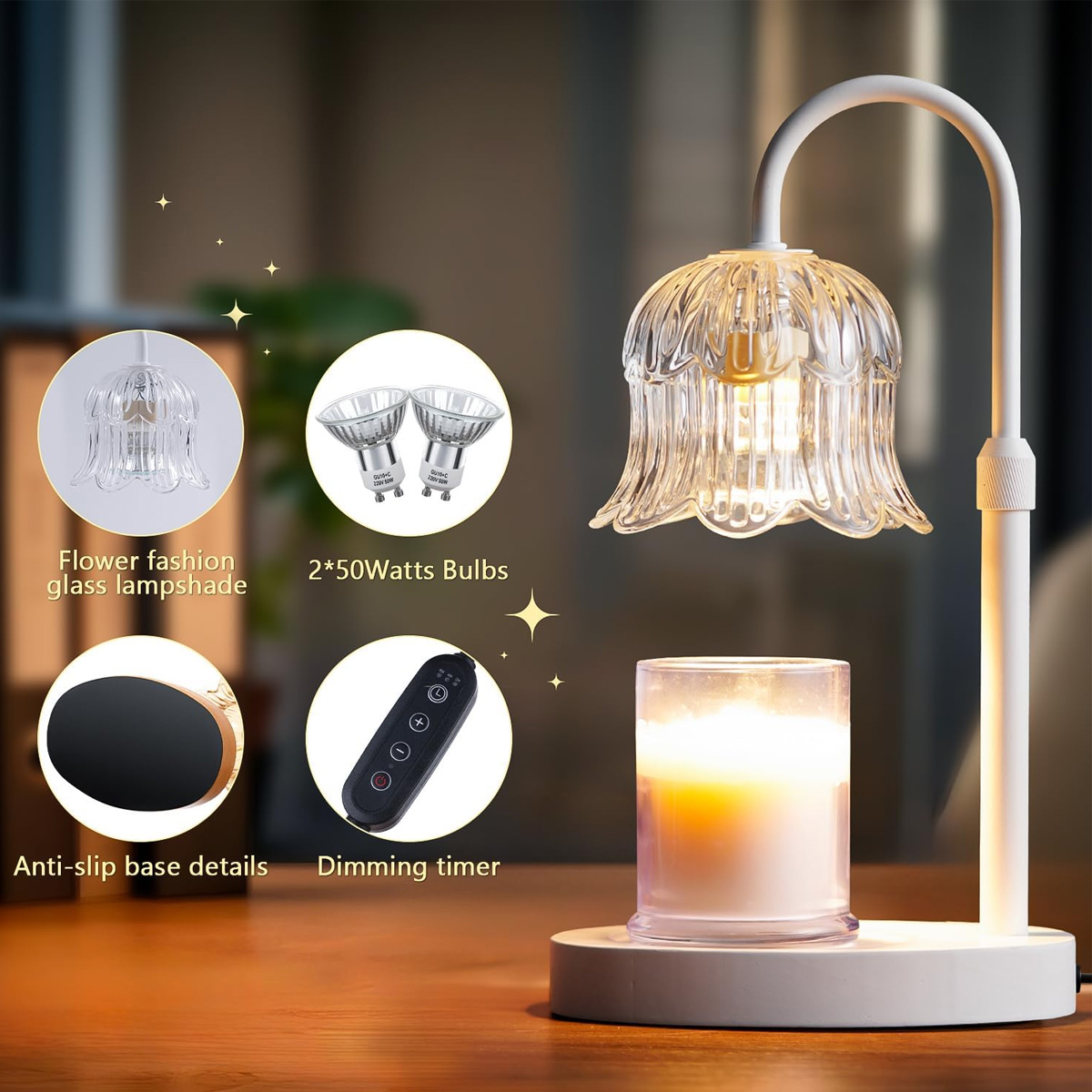 Ein Lampen-Duftspender mit Blumen-Glas-Schirm, 2 Glühbirnen, Fernbedienung und Kerze.