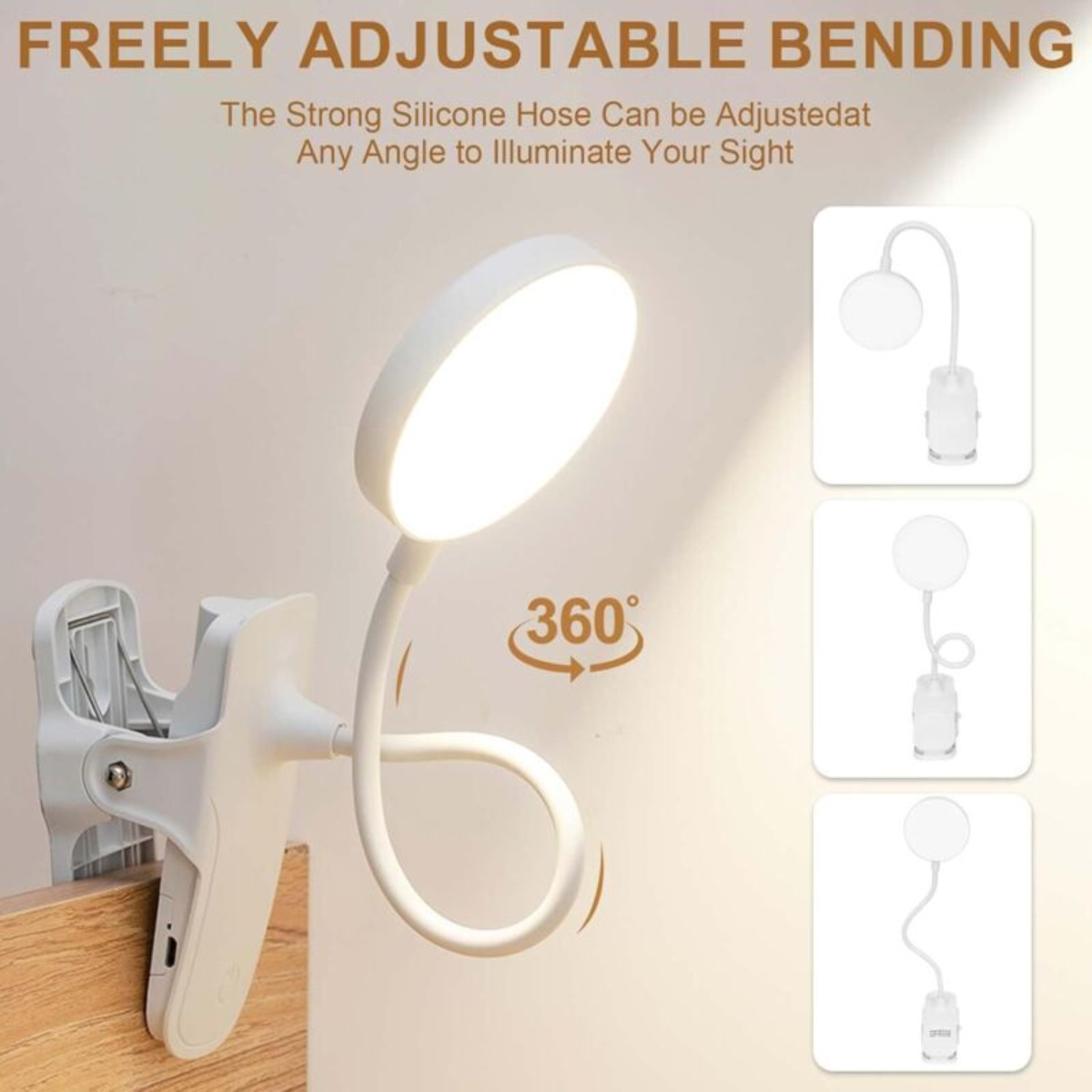 Eine weiße Klemm-Schreibtischlampe mit flexiblen Arm und rundem Licht.