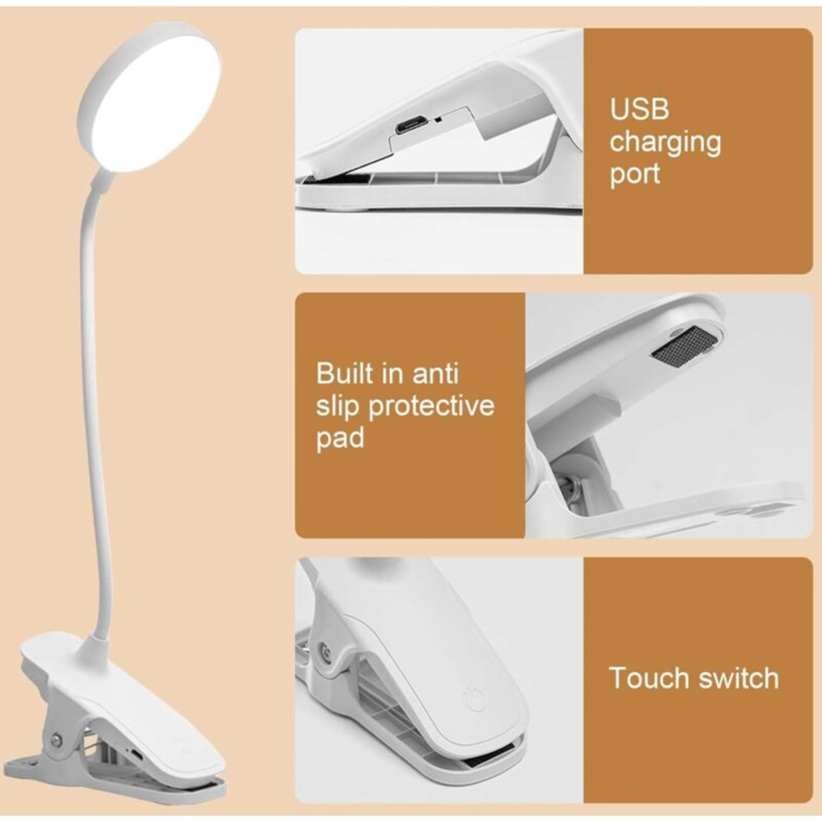 Weiße Klemmleuchte mit flexiblem Hals, USB-Anschluss, Anti-Rutsch-Pad und Touch-Schalter.