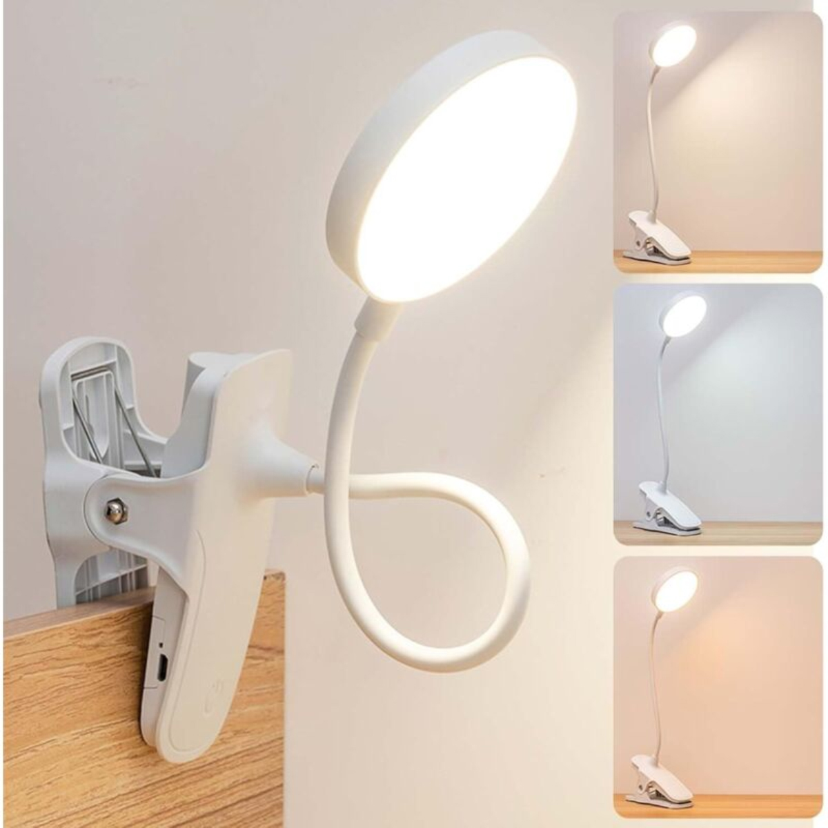 Eine weiße Klemmleuchte mit flexiblem Arm und runder LED-Lampe.