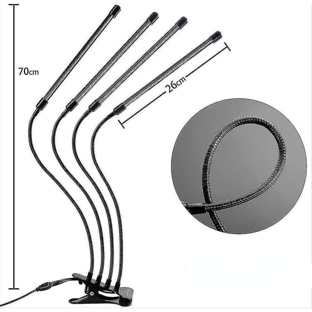 Vier schwarze Pflanzenlampen mit flexiblen Armen, auf einem Ständer mit Klemme.