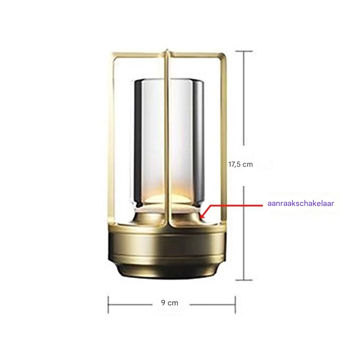 Moderne Tischlampe mit Messingrahmen, Glaszylinder und Touch-Schalter. 17,5cm H x 9cm B.