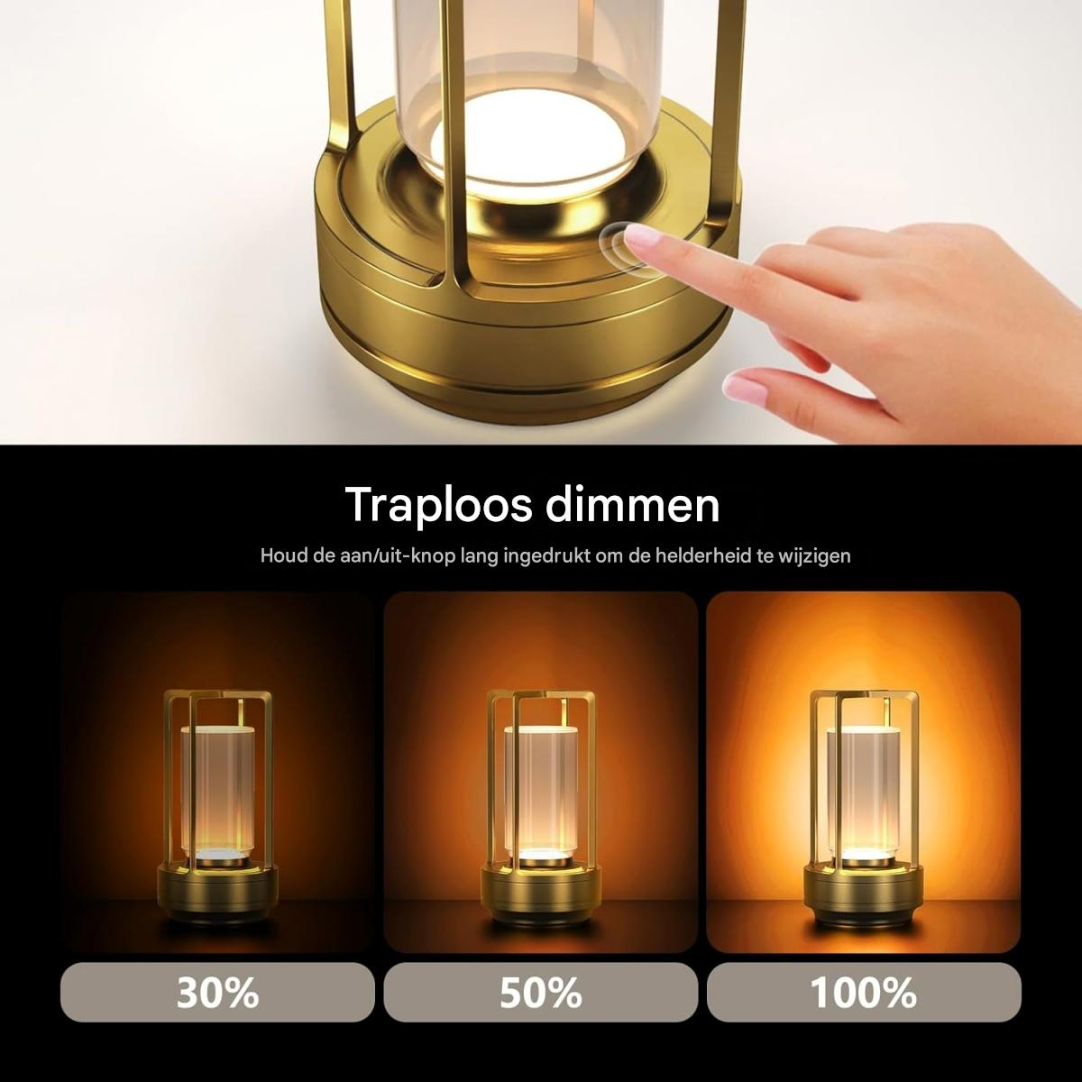 Eine goldene Lampe wird gezeigt, mit Helligkeitsstufen von 30%, 50% und 100%.
