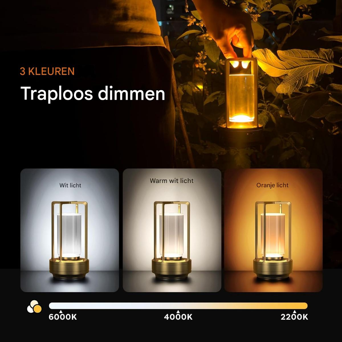 Eine Hand hält eine Lampe mit drei Lichtfarben: weiß, warmweiß und orange.