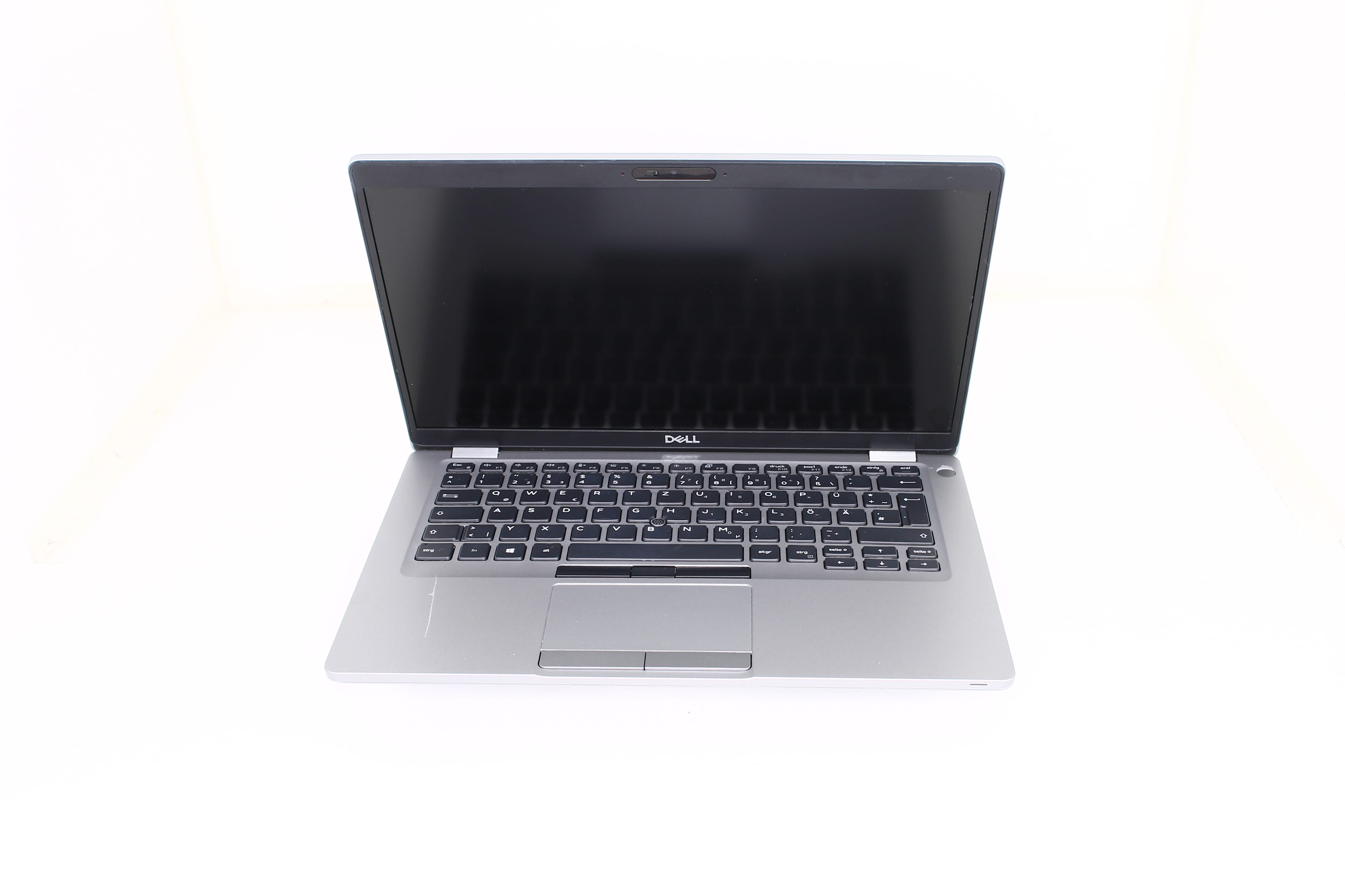 Silberner Dell Laptop mit schwarzer Tastatur und Bildschirm, frontal gezeigt.