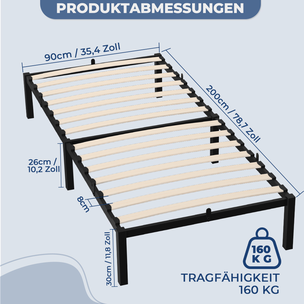 Bettgestell mit Maßen: 200x90cm, Höhe 26cm, Bodenfreiheit 30cm. Belastbarkeit 160kg.