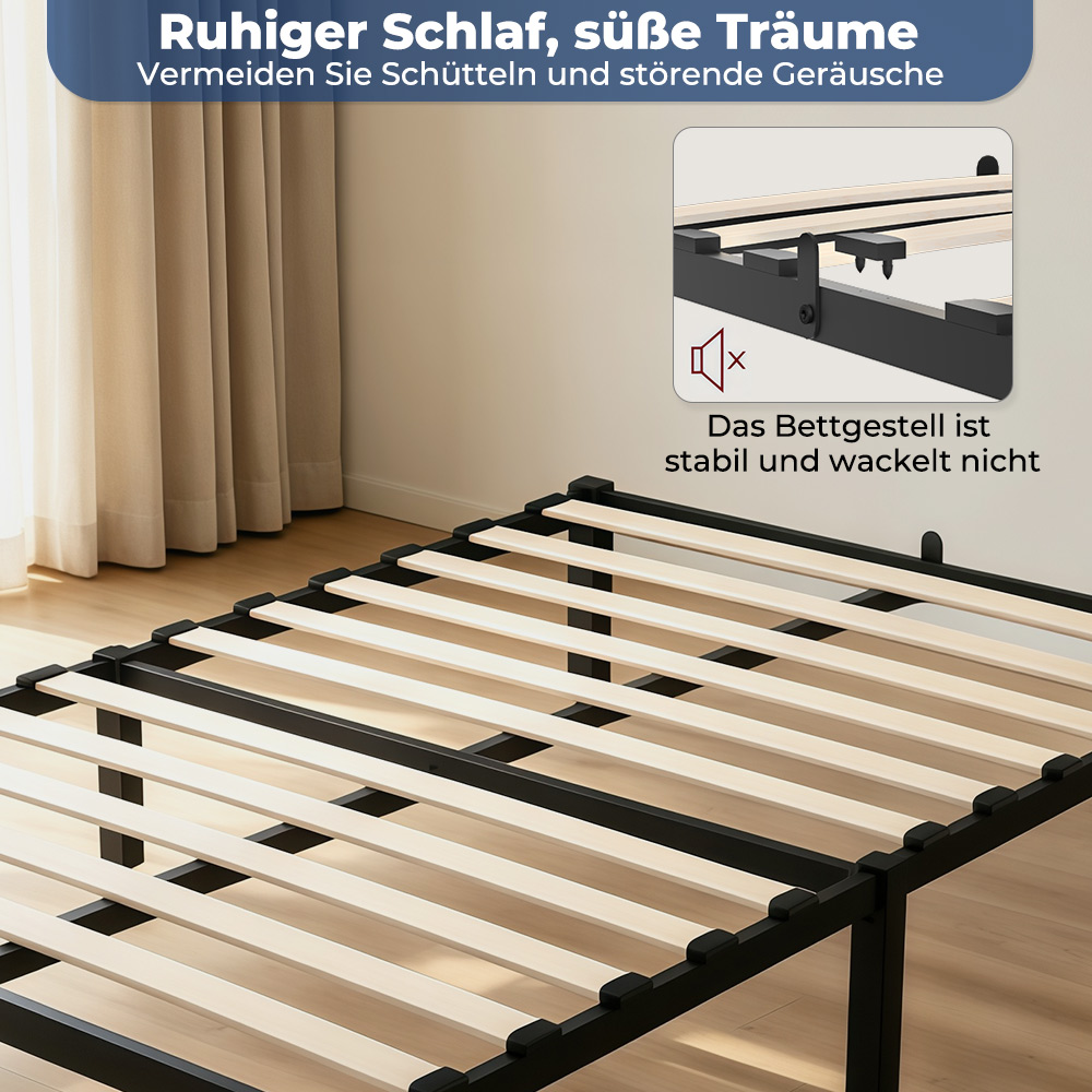 Ein schwarzes Metallbettgestell mit Holzlatten, das Stabilität verspricht.