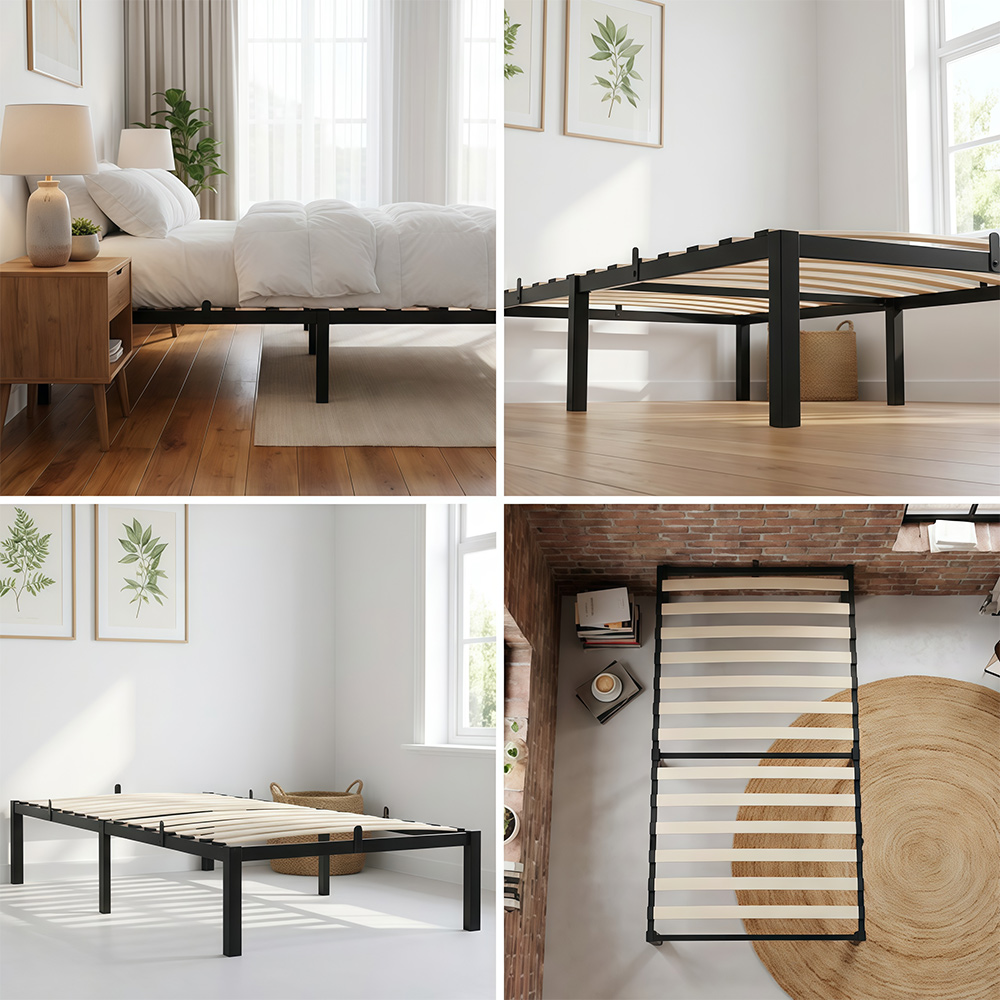 Ein modernes schwarzes Metallbettgestell mit Holzlatten, in verschiedenen Räumen.