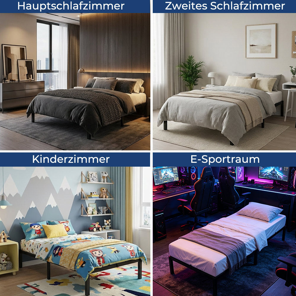 Vier Zimmer: Hauptschlafzimmer, zweites Schlafzimmer, Kinderzimmer, E-Sportraum.