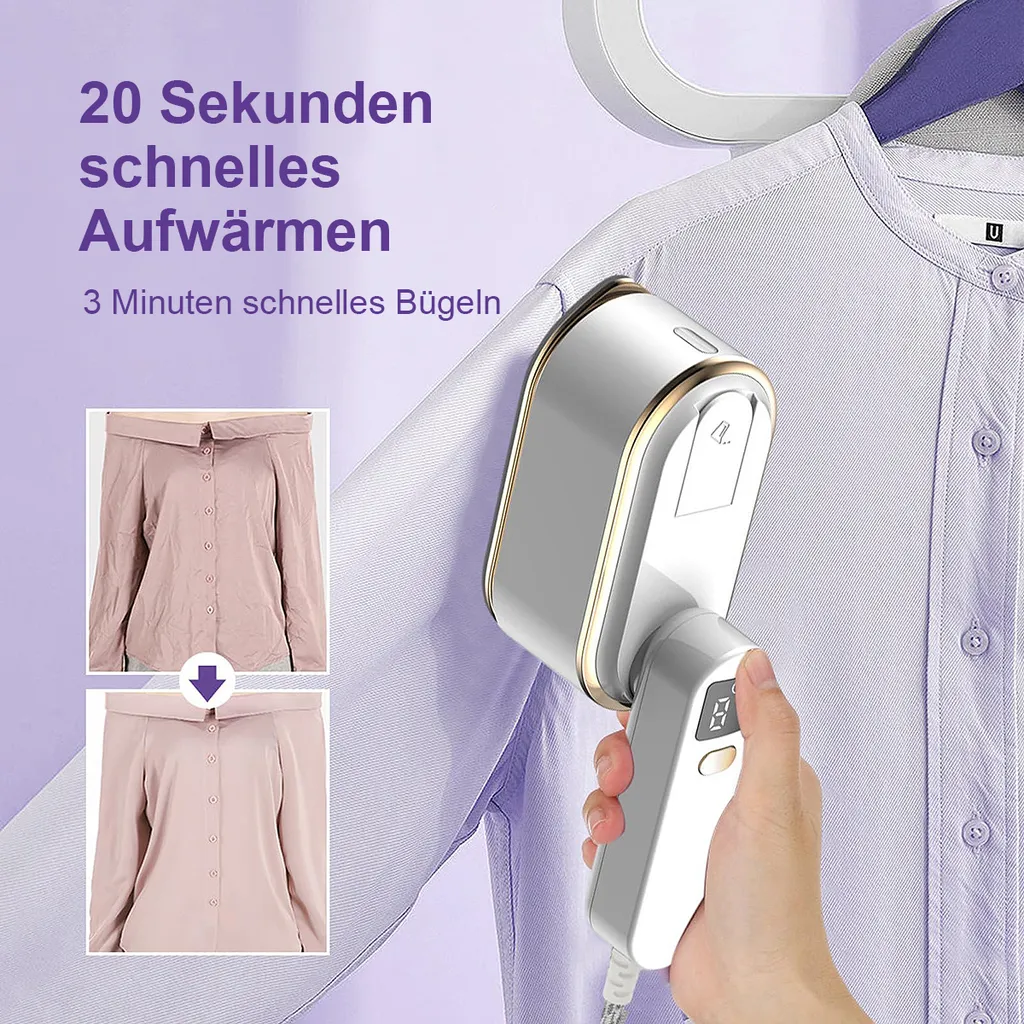 Ein Handdampfbügeleisen glättet ein rosa Hemd, das auf einem Bügel hängt.