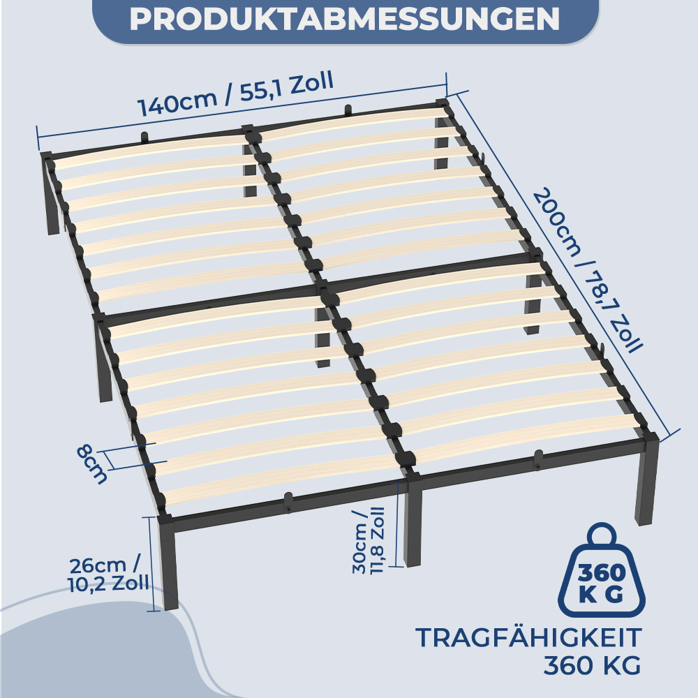 Bettgestellmaße: 140x200cm. Tragfähigkeit 360kg. Höhe 26cm.