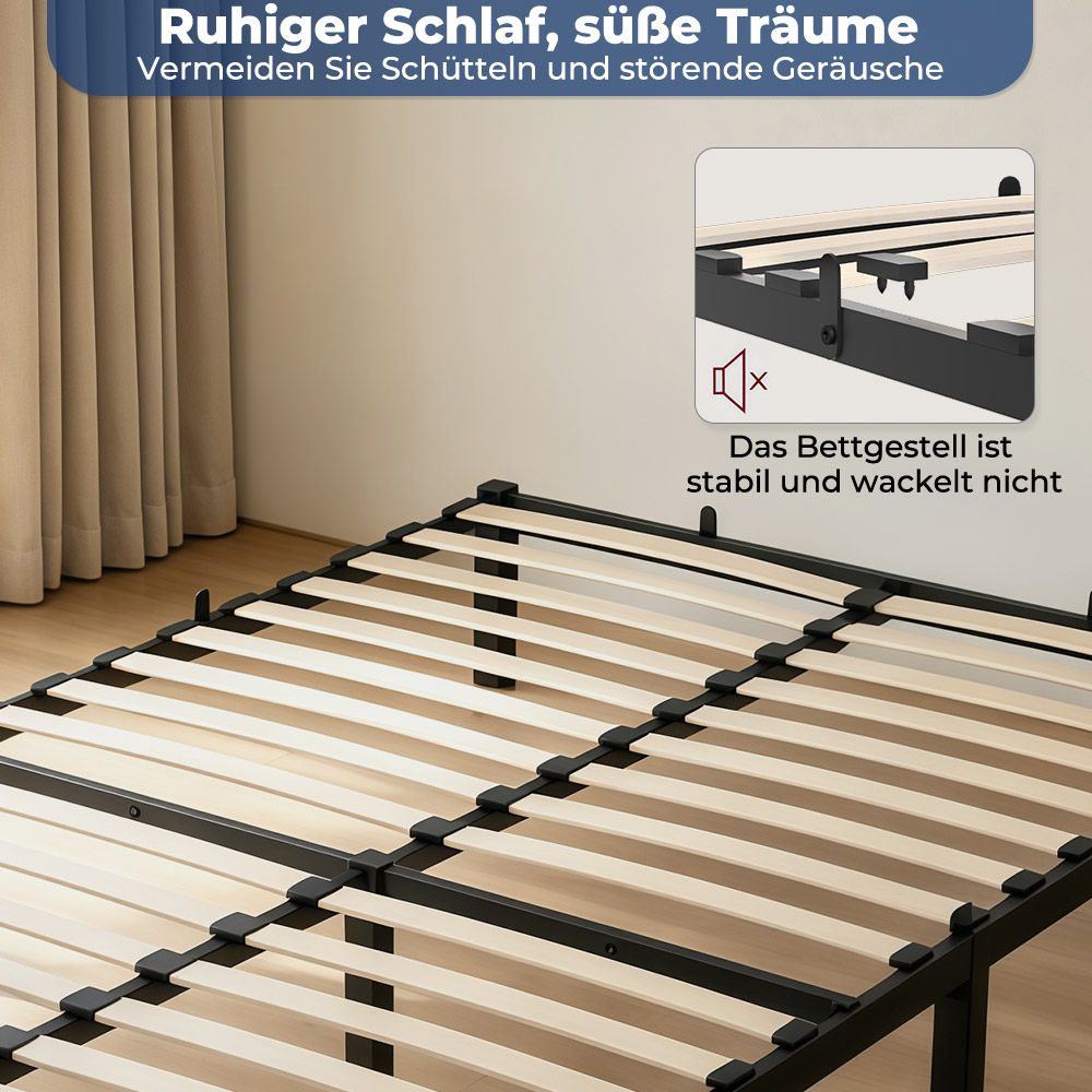 Ein schwarzes Metall-Bettgestell mit Holzlatten, das stabil und leise ist.