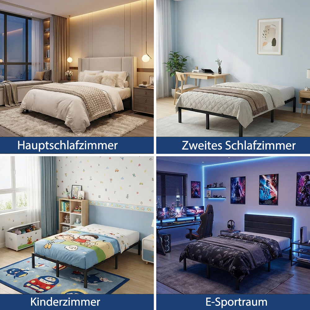 Vier Schlafzimmer-Szenen: Hauptschlafzimmer, zweites Schlafzimmer, Kinderzimmer und E-Sport-Raum.