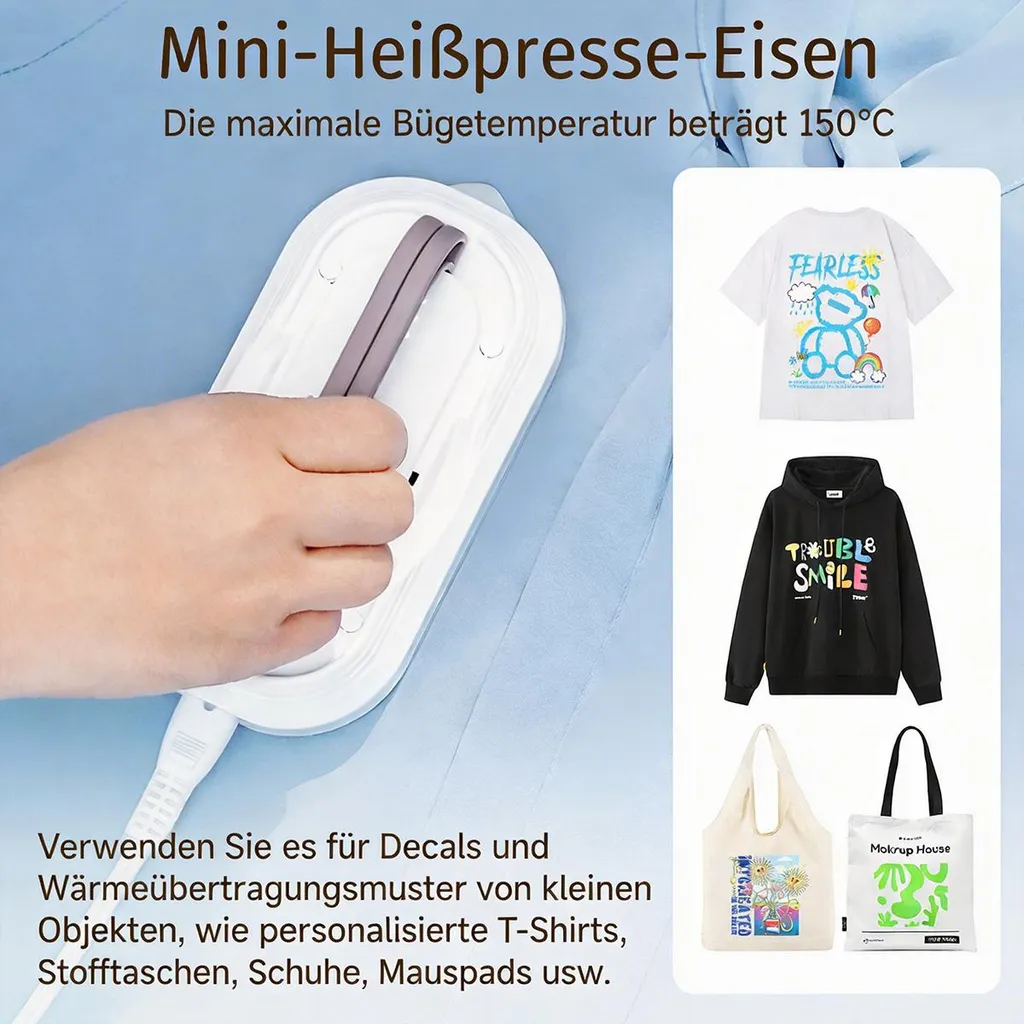 Mini-Heißpresse auf Stoff, daneben weißes T-Shirt, schwarzer Hoodie, weiße und grüne Taschen.