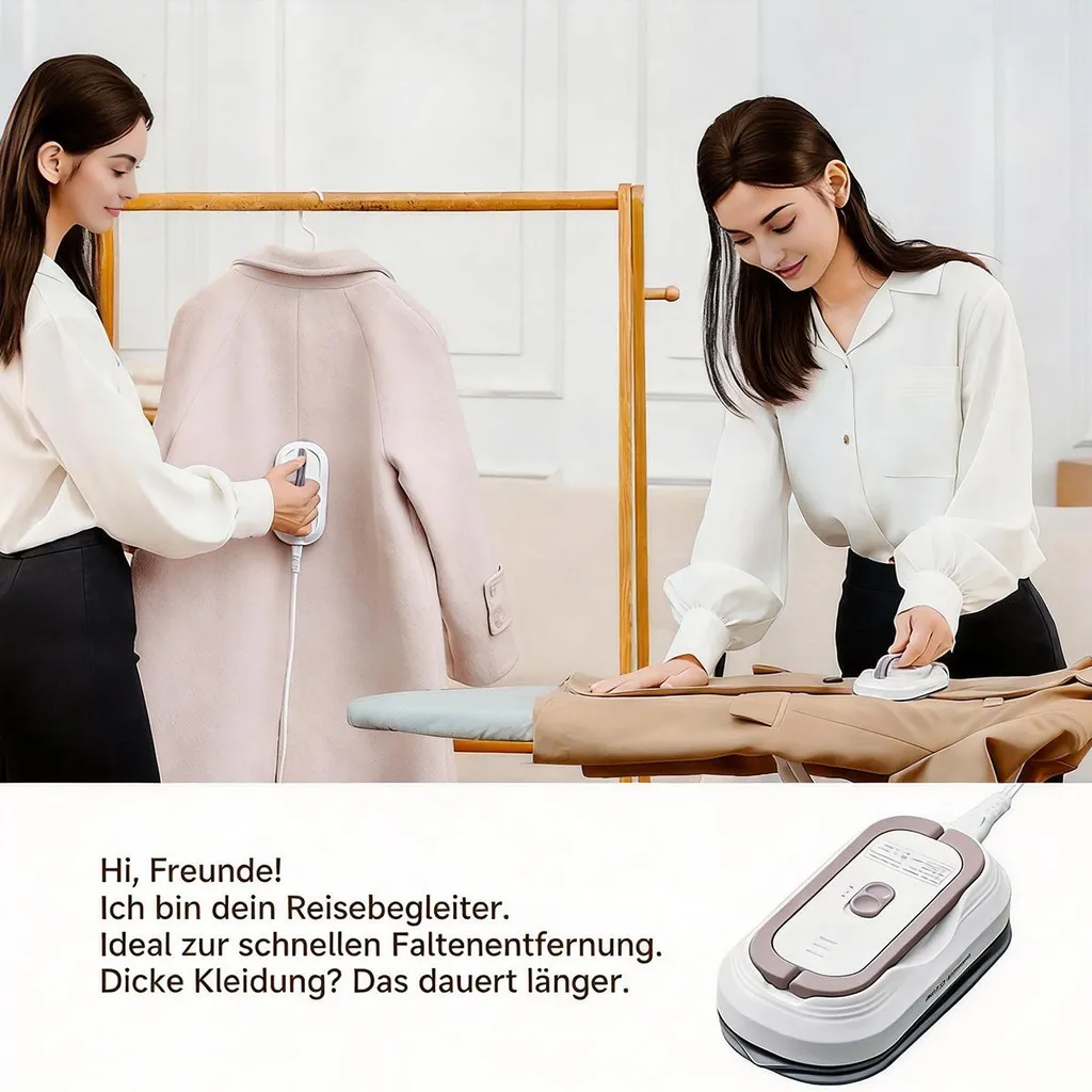 Zwei Frauen bügeln Kleidung mit einem Handdampfbügeleisen. Eine Frau bügelt Mantel, die andere Jacke.