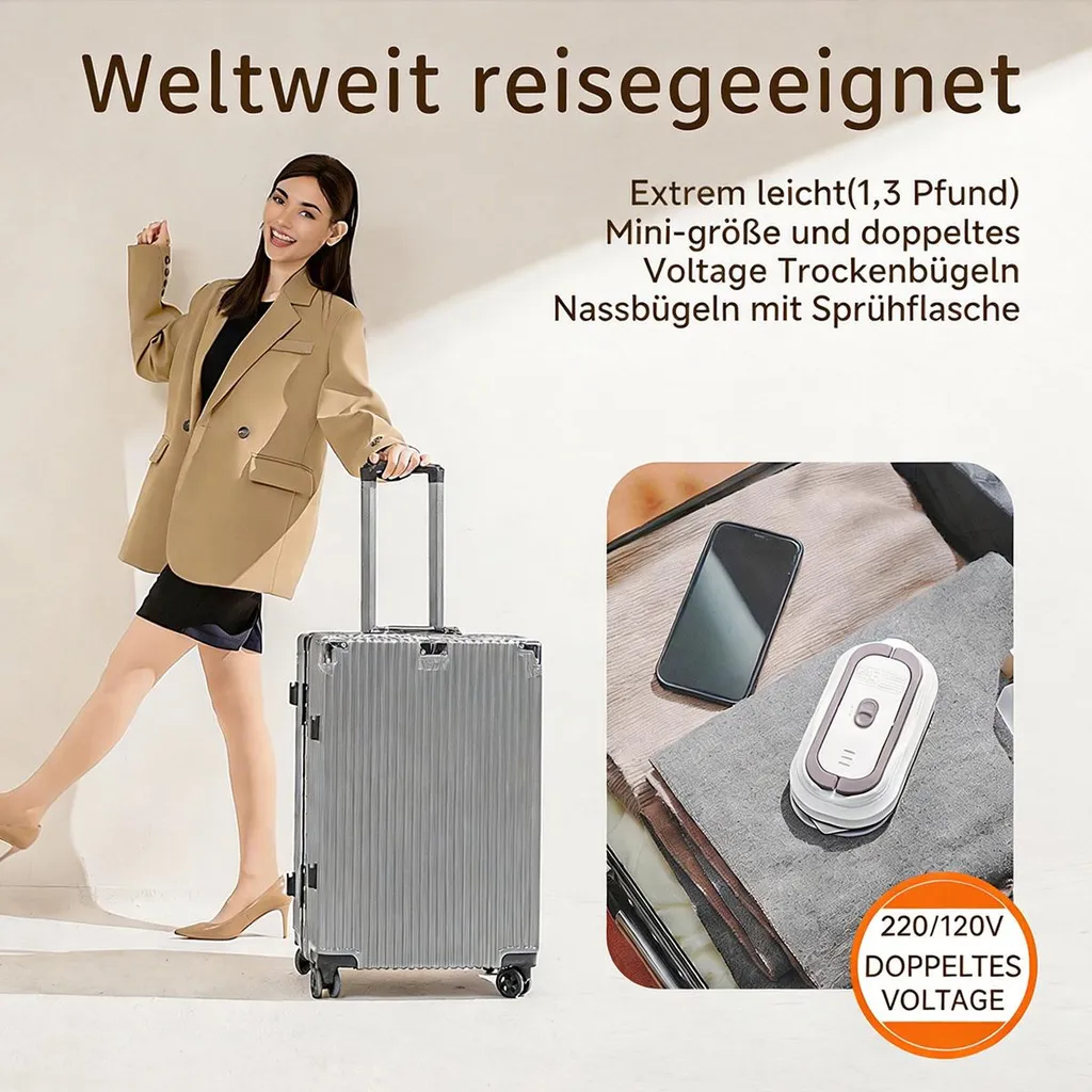 Eine Frau mit Koffer neben einem Bügeleisen und Handy.